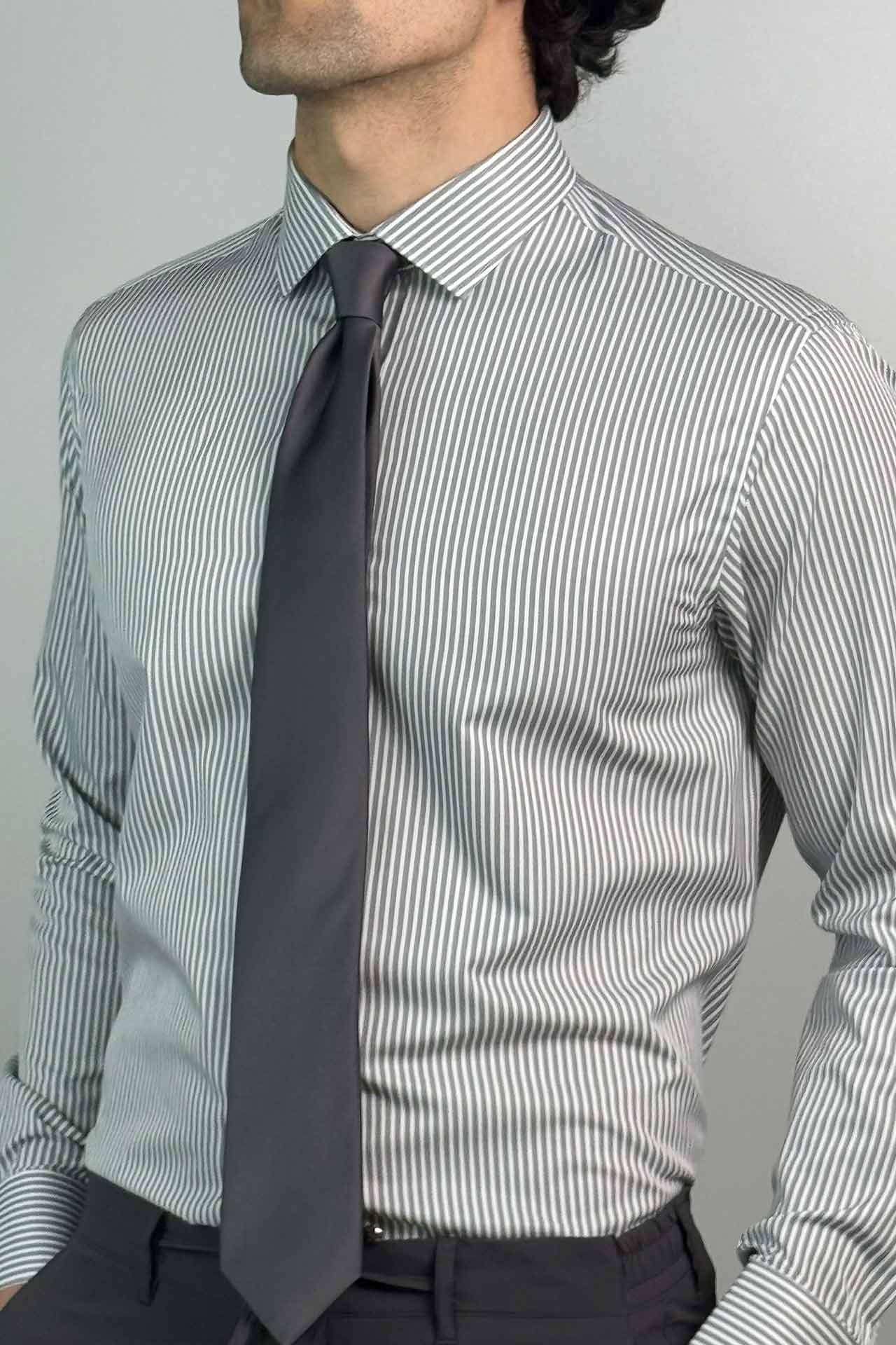 1001 Slim Fit Oxford Çizigili Gömlek Gri