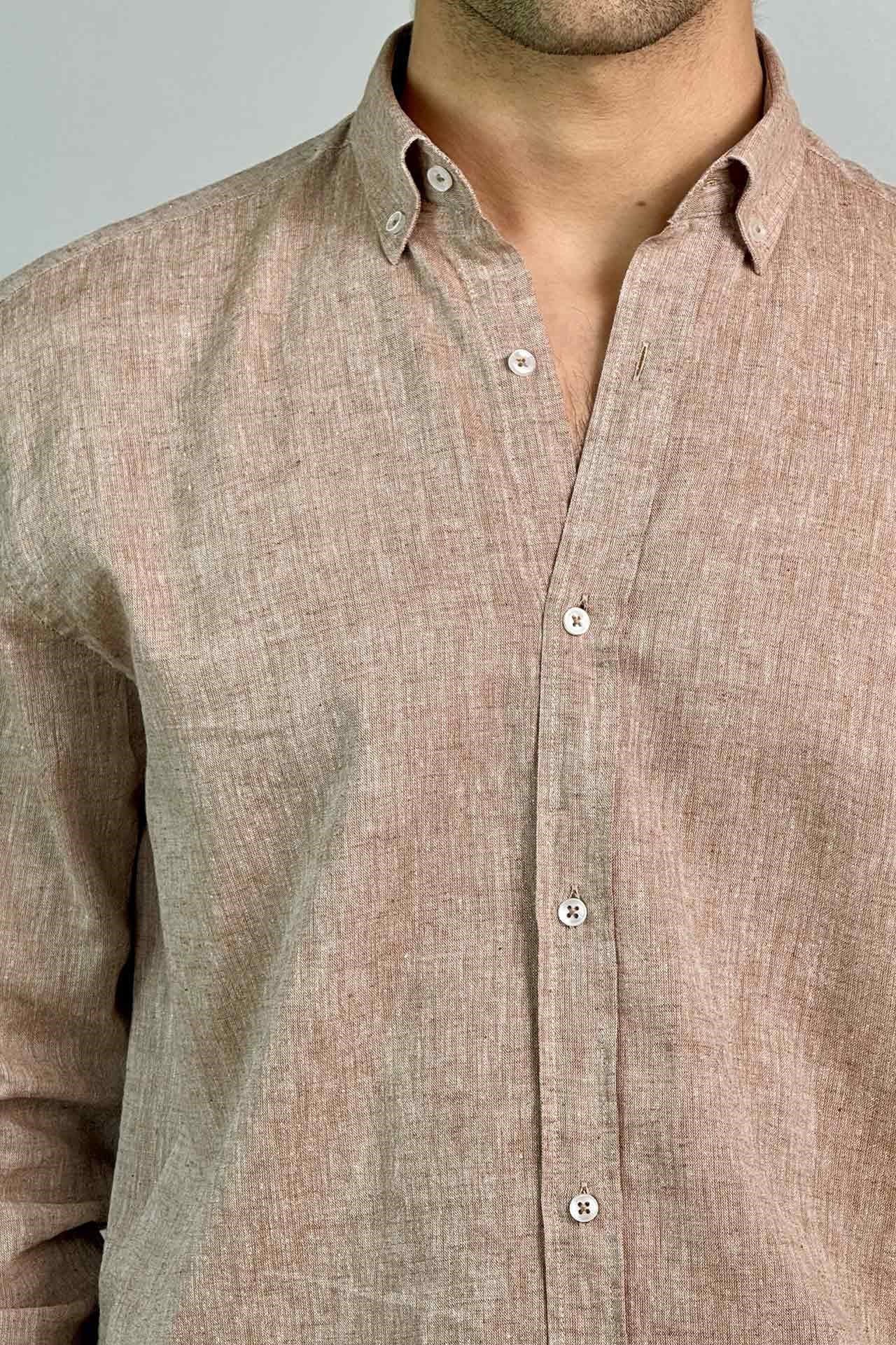 1006 Slim Fit Düz Keten Gömlek A.Kahve