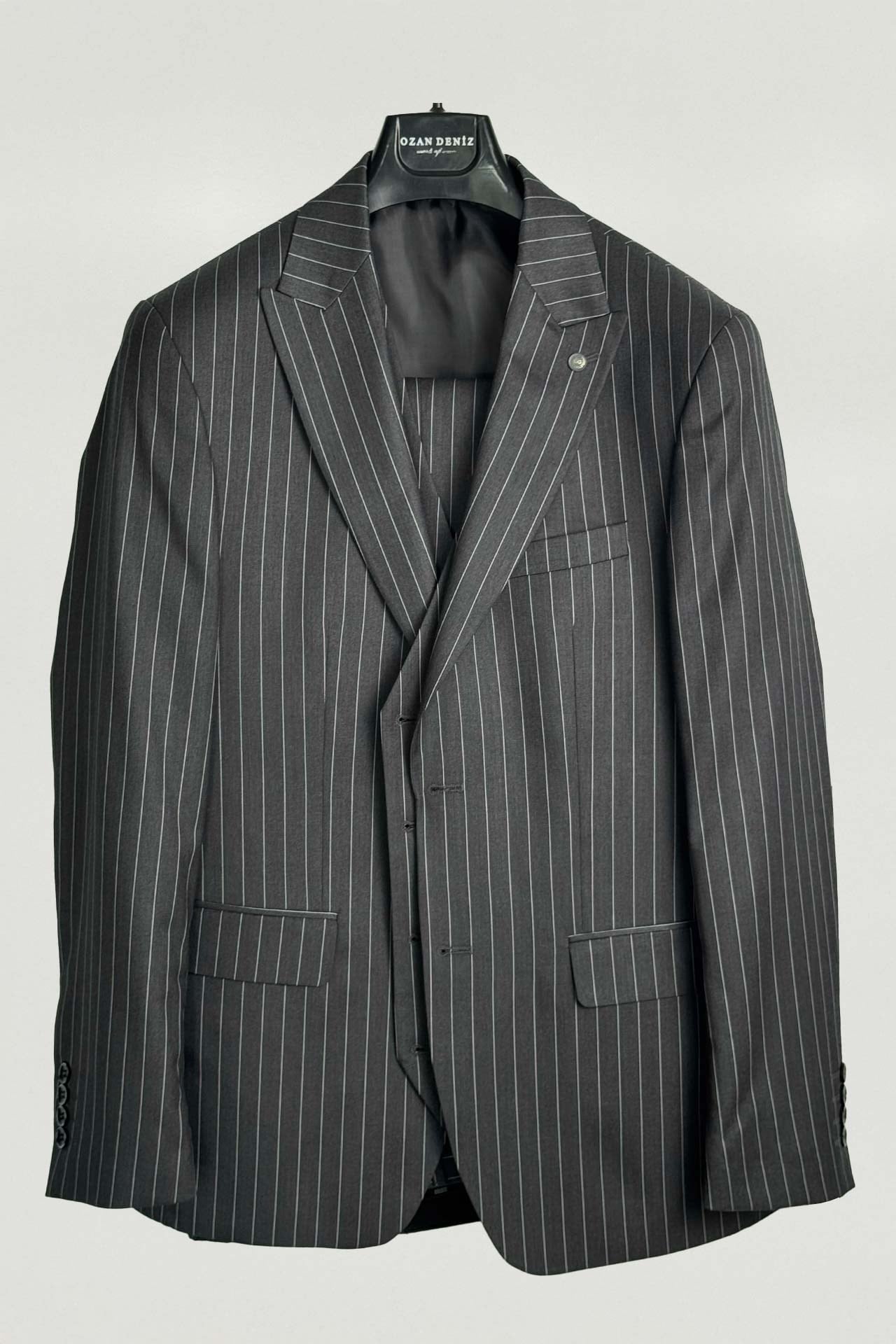 3004 Slim Fit Çizgili Yelekli Takım Elbise Füme