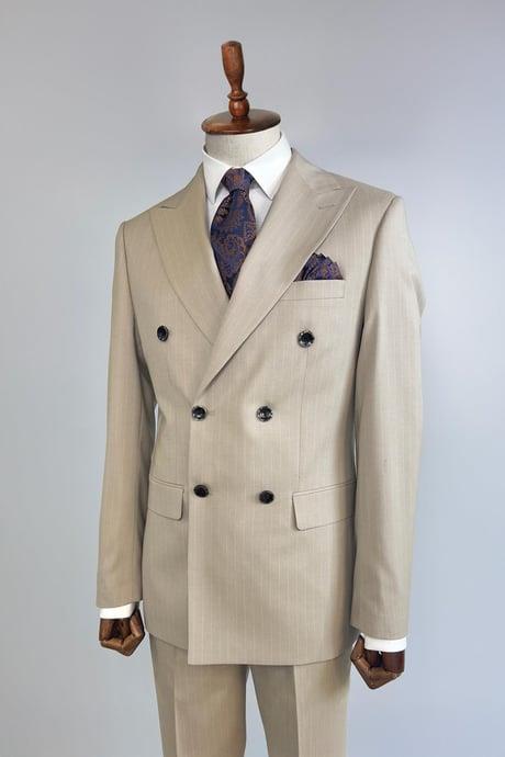 3104 Kruvaze Çizgili Takım Elbise Bej