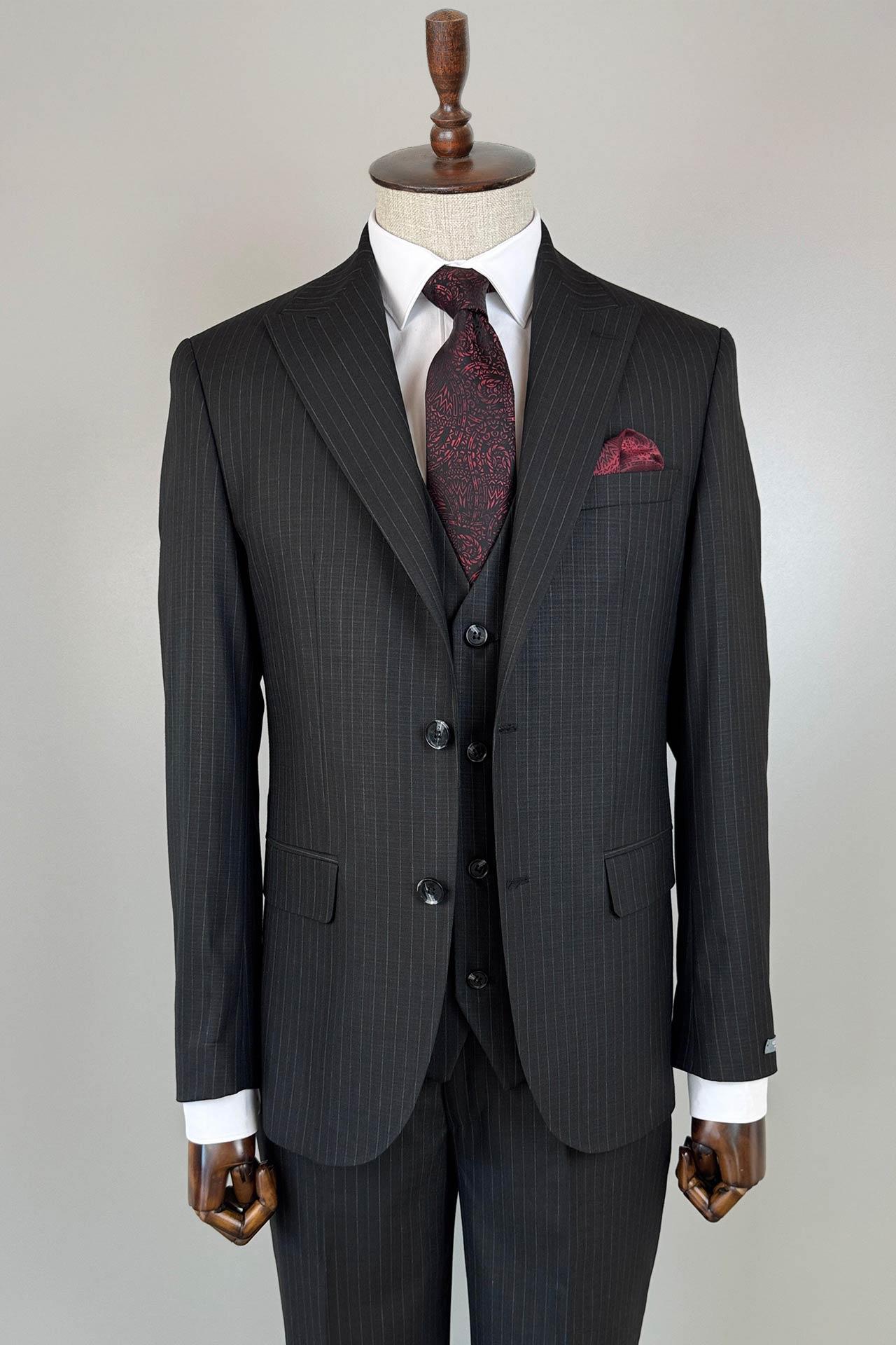 3118 Yelekli Kırlangıç Yaka Çizgili Takım Elbise Siyah