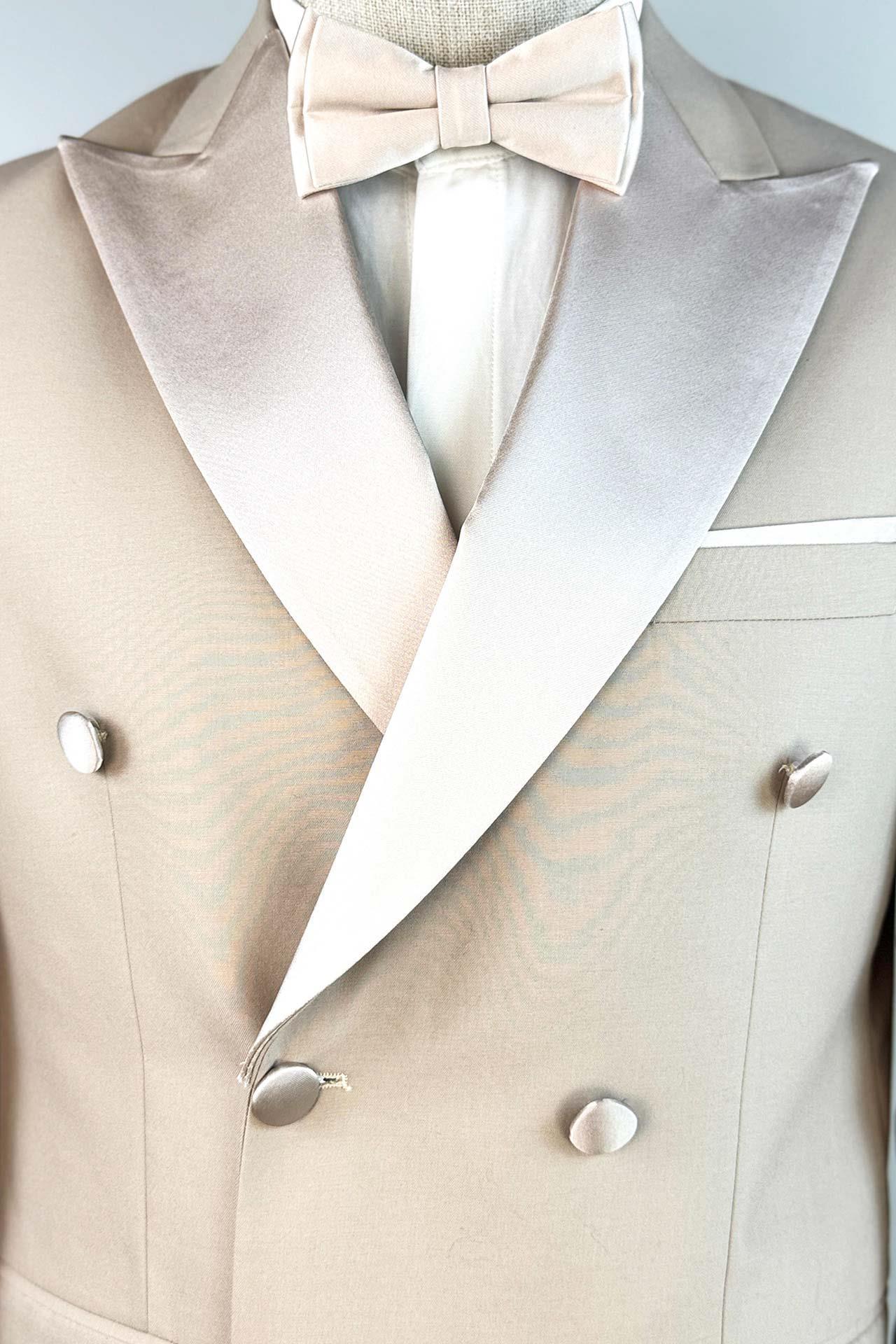 3120 Kruvaze Saten Çıkma Yaka Damatlık T.Elb Bej