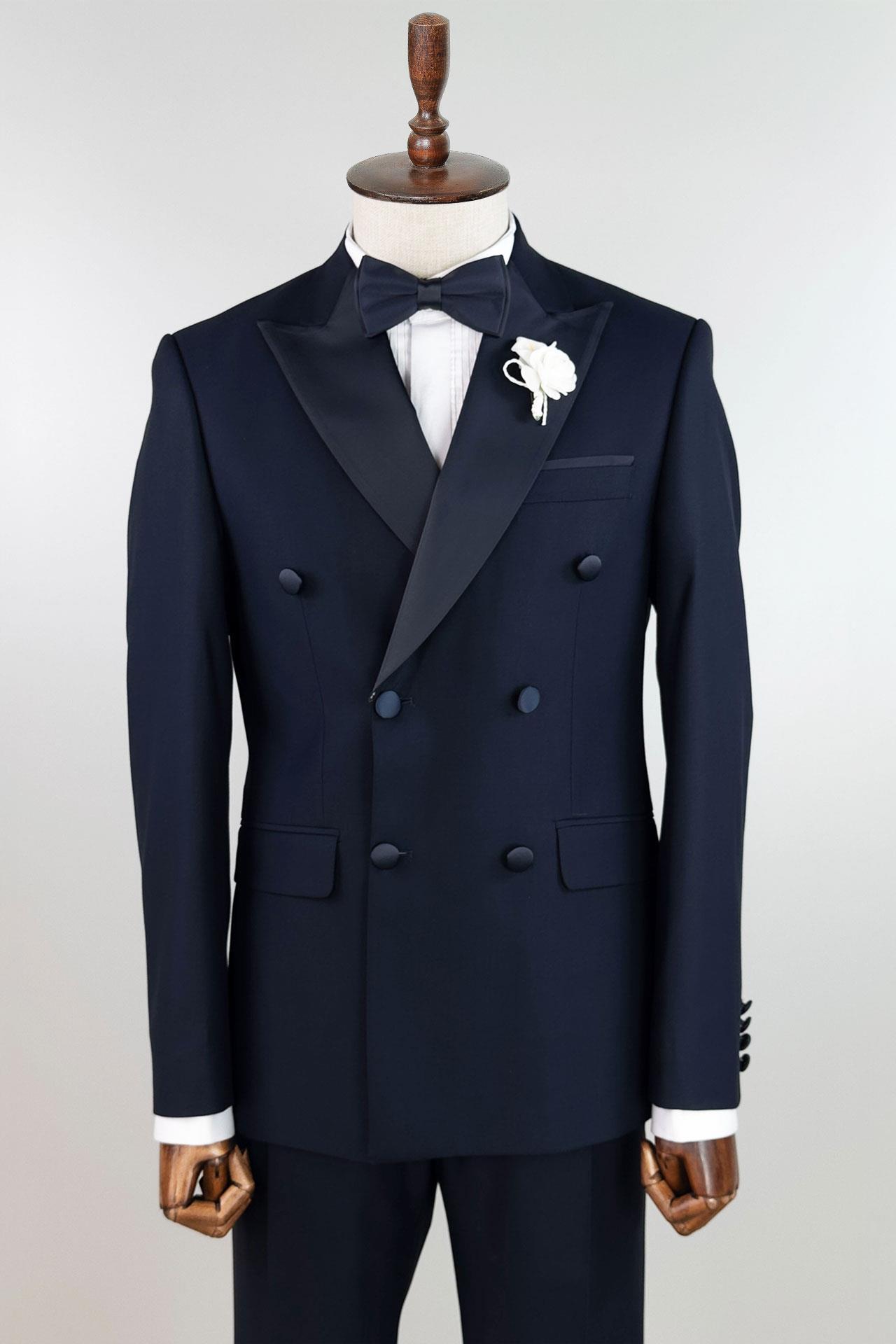 3120 Kruvaze Saten Çıkma Yaka Damatlık T.Elb Lacivert