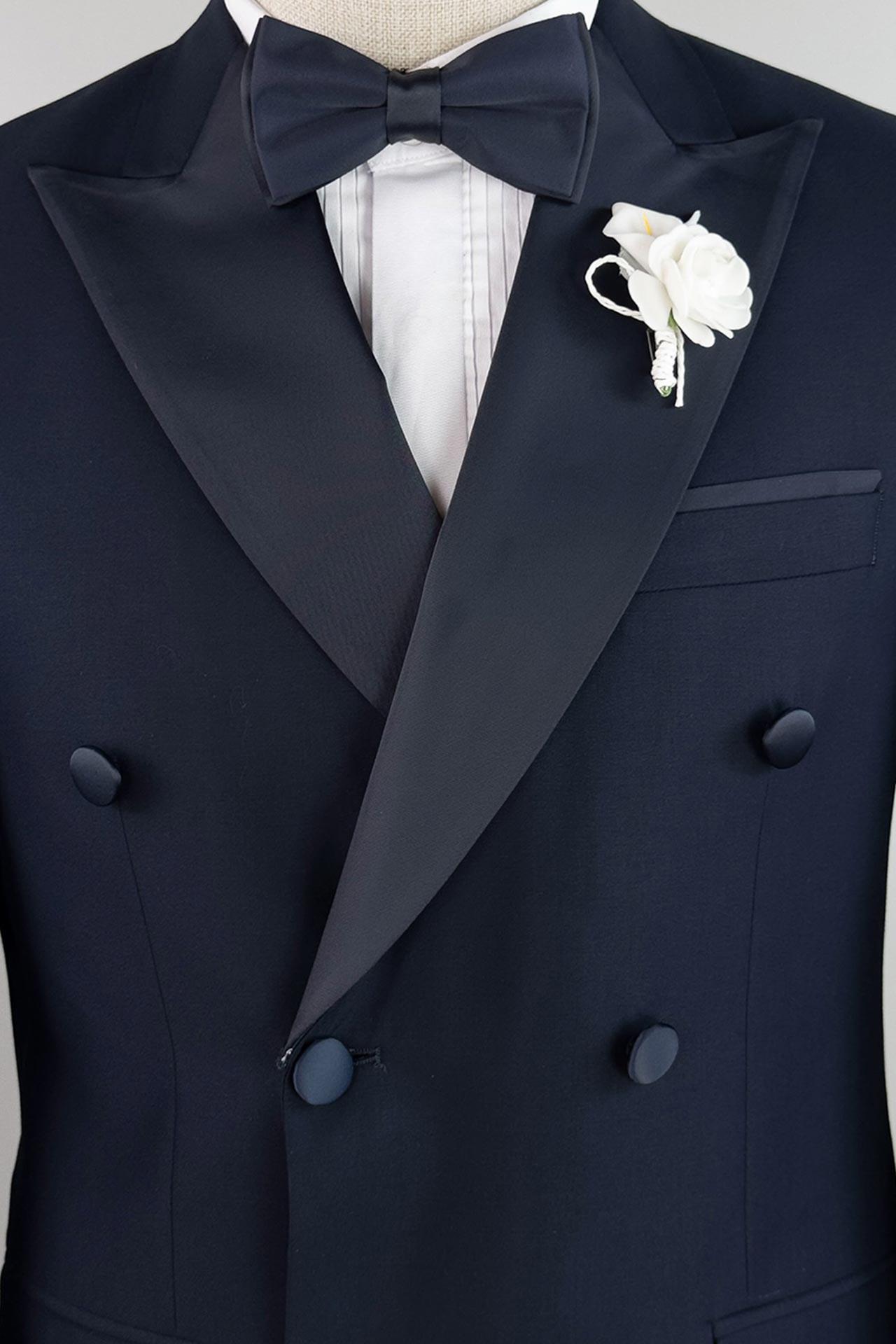 3120 Kruvaze Saten Çıkma Yaka Damatlık T.Elb Lacivert