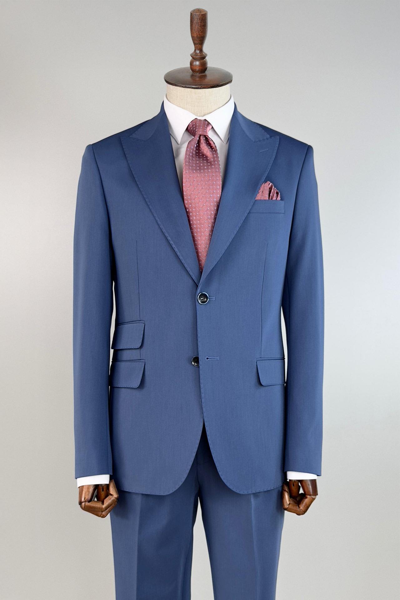 3122 Sivri Yaka Pileli Pant.Takım Elbise Mavi