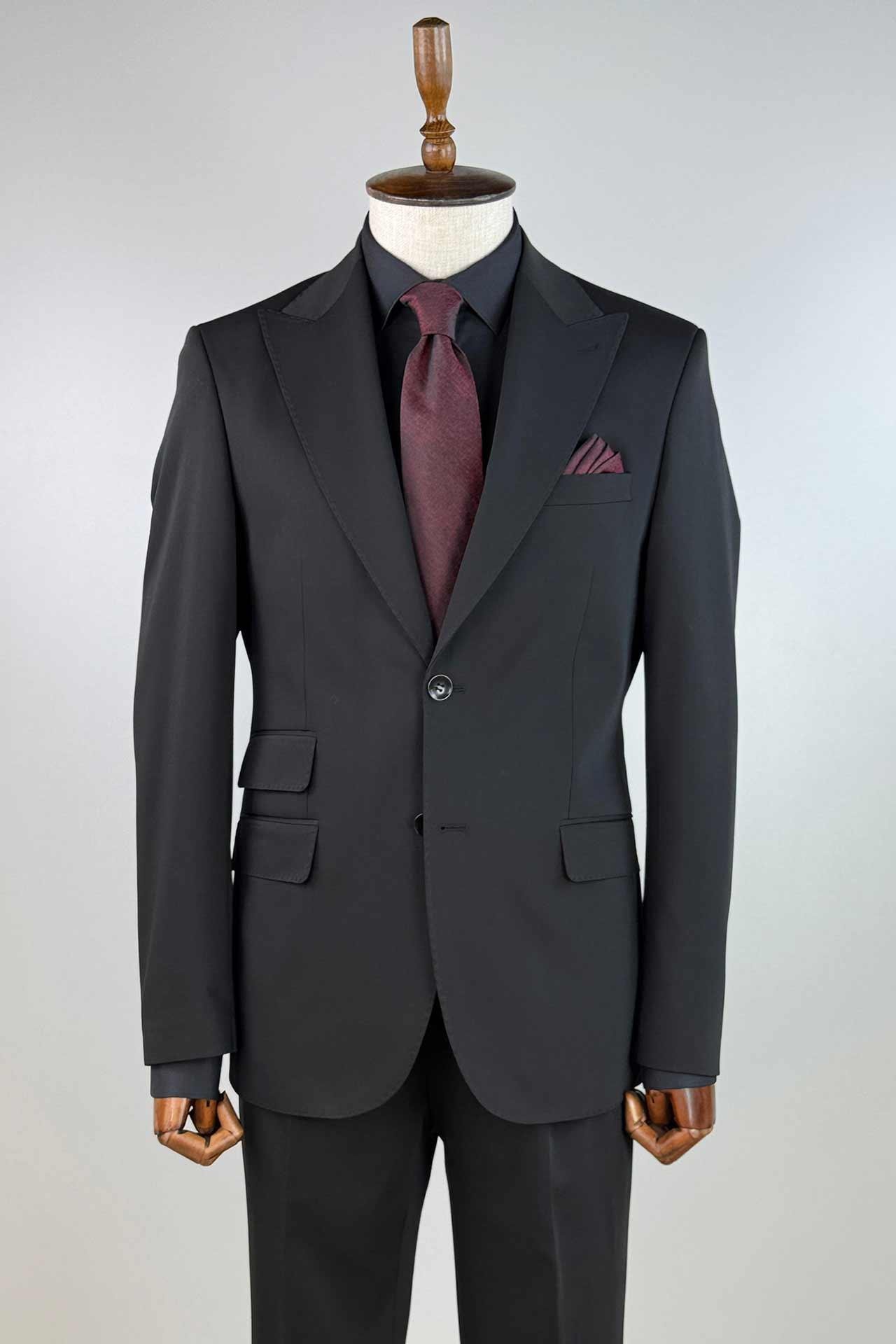 3122 Sivri Yaka Pileli Pant.Takım Elbise Siyah