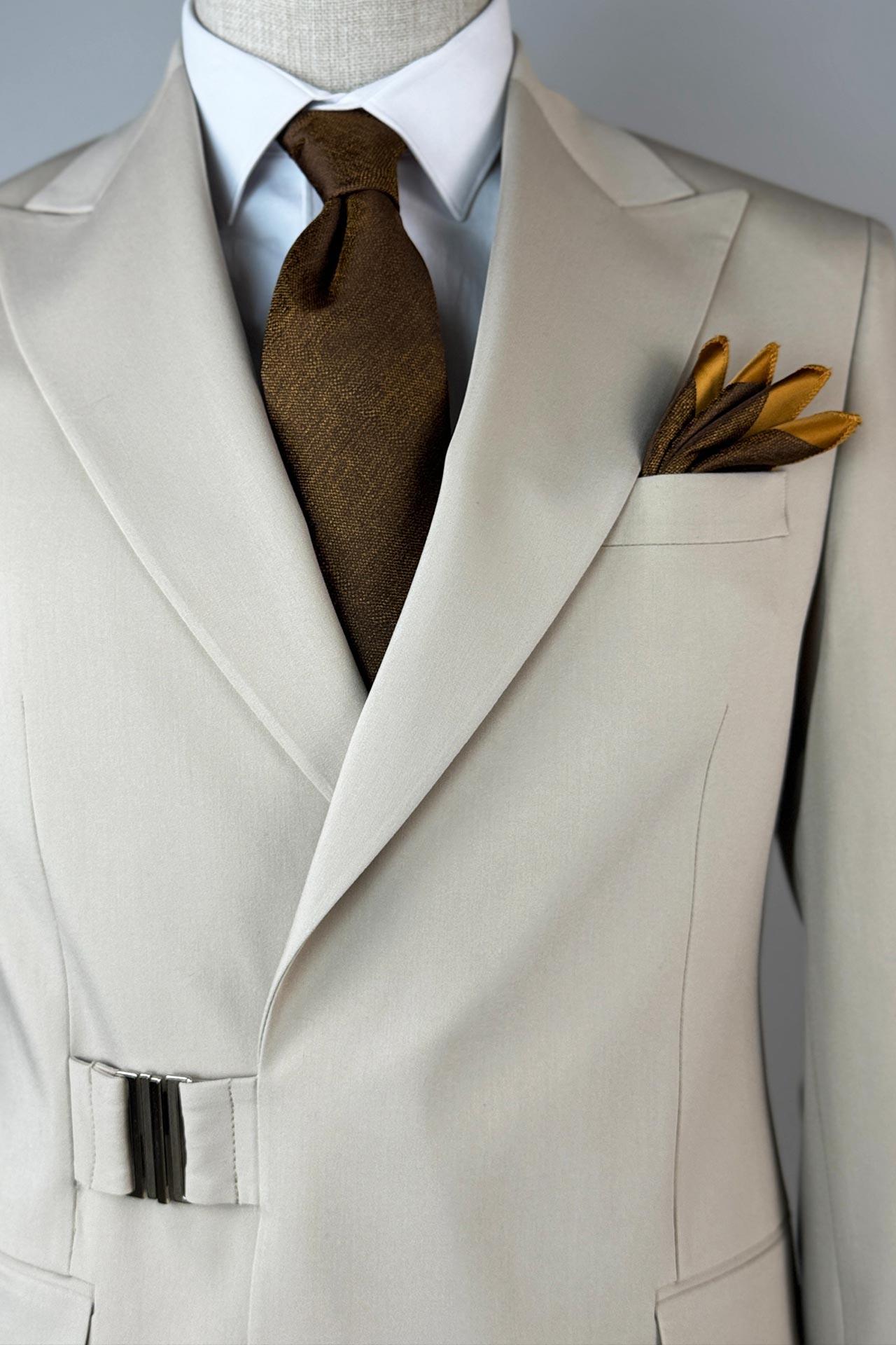 3129 Kruvaze Tokalı Takım Elbise Bej