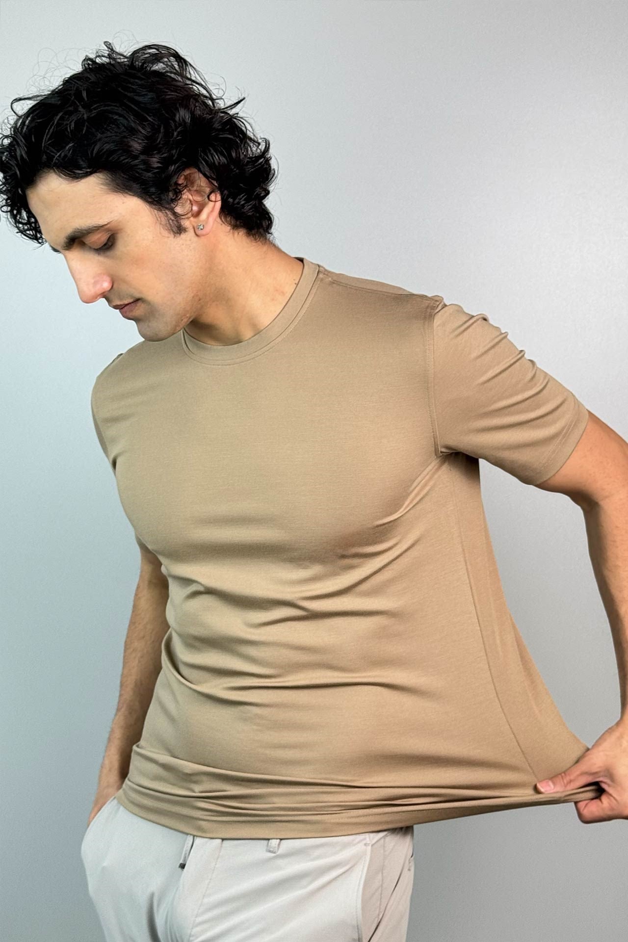7094 0 Yaka Basic T-Shirt Bej