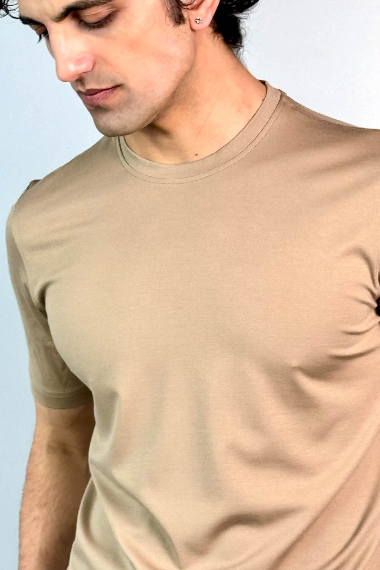 7094 0 Yaka Basic T-Shirt Bej