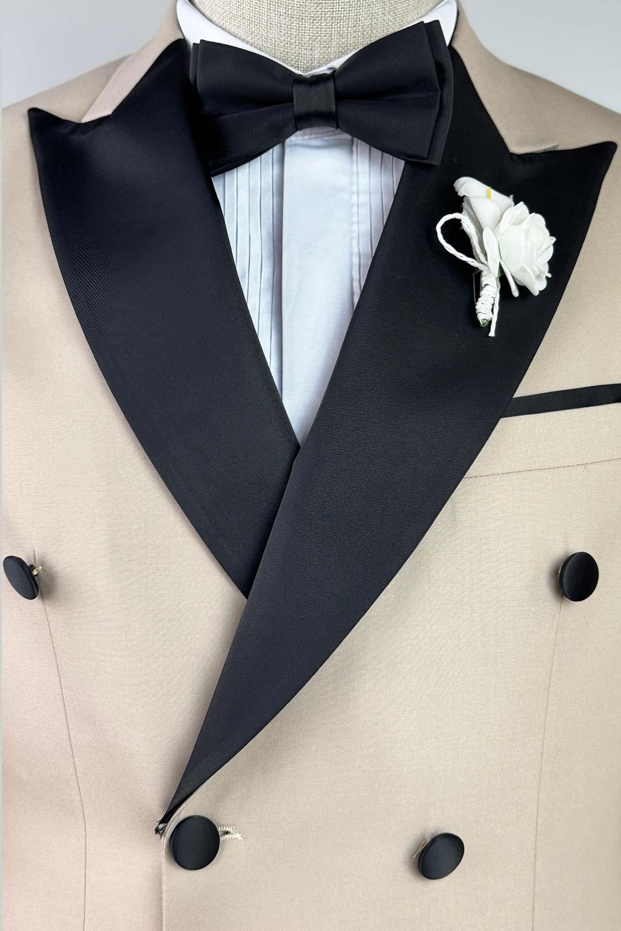 Saten Çıkma Yaka Bej Renk Kruvaze Damatlık Takım Elbise