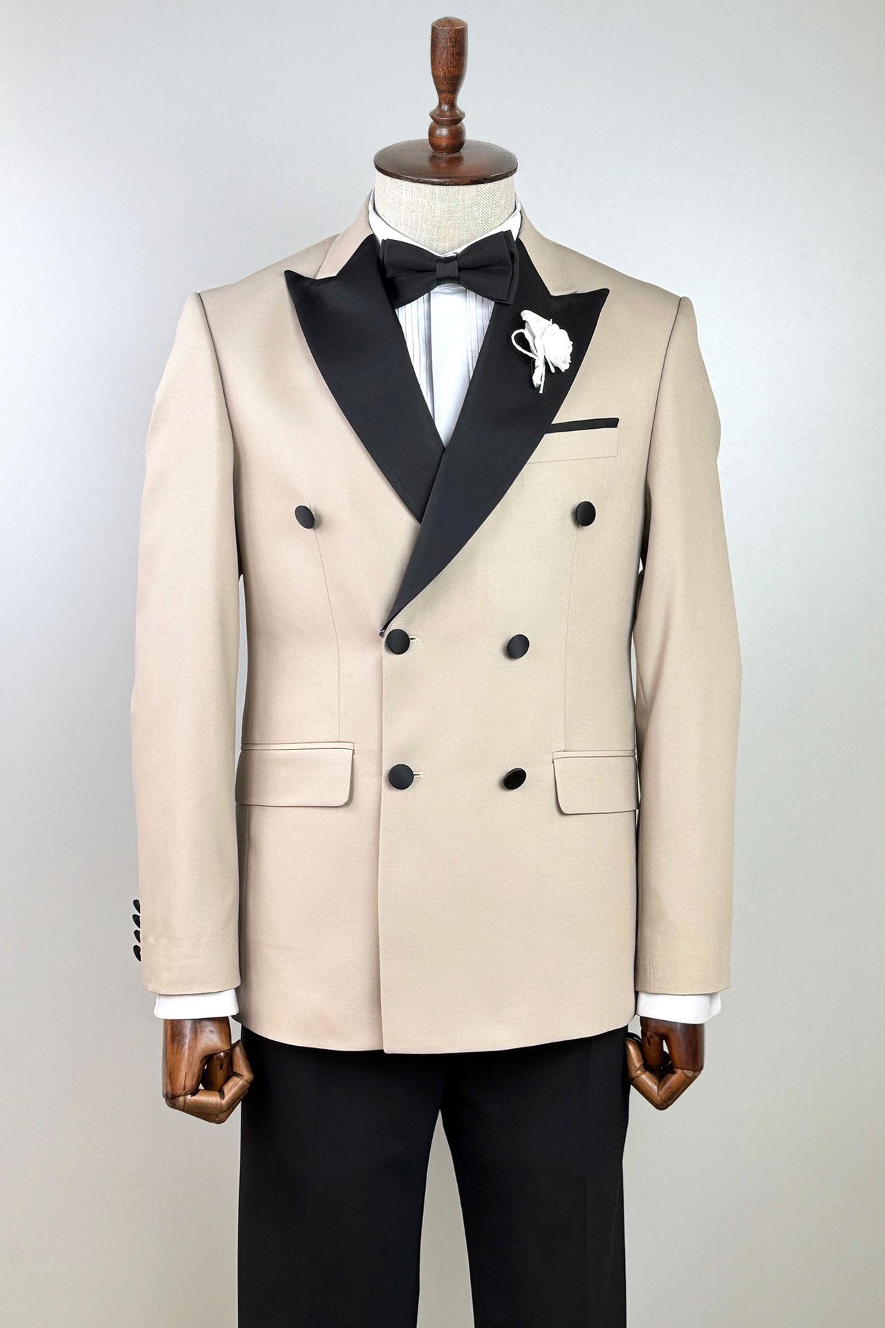 Saten Çıkma Yaka Bej Renk Kruvaze Damatlık Takım Elbise