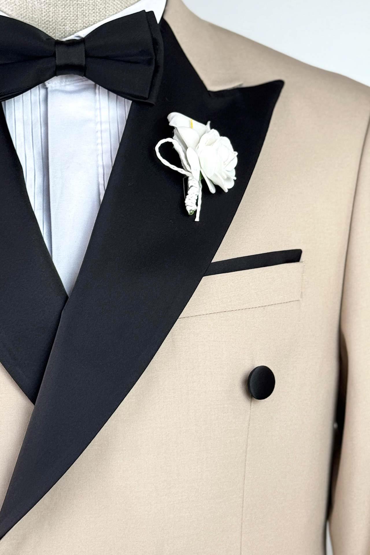 Saten Çıkma Yaka Bej Renk Kruvaze Damatlık Takım Elbise