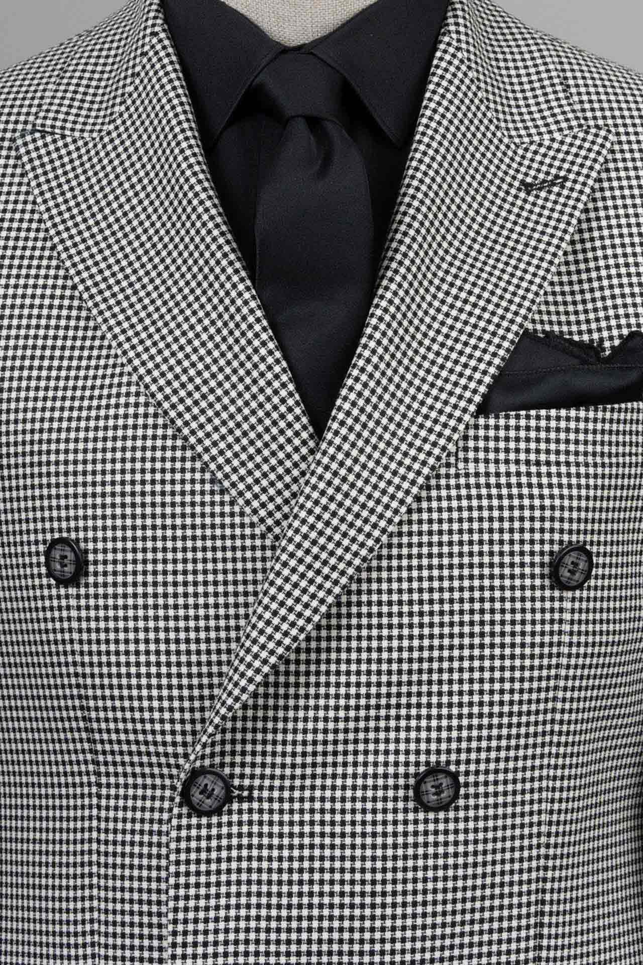 Slim Fit Piti Kare Desenli Siyah Kruvaze Ceket