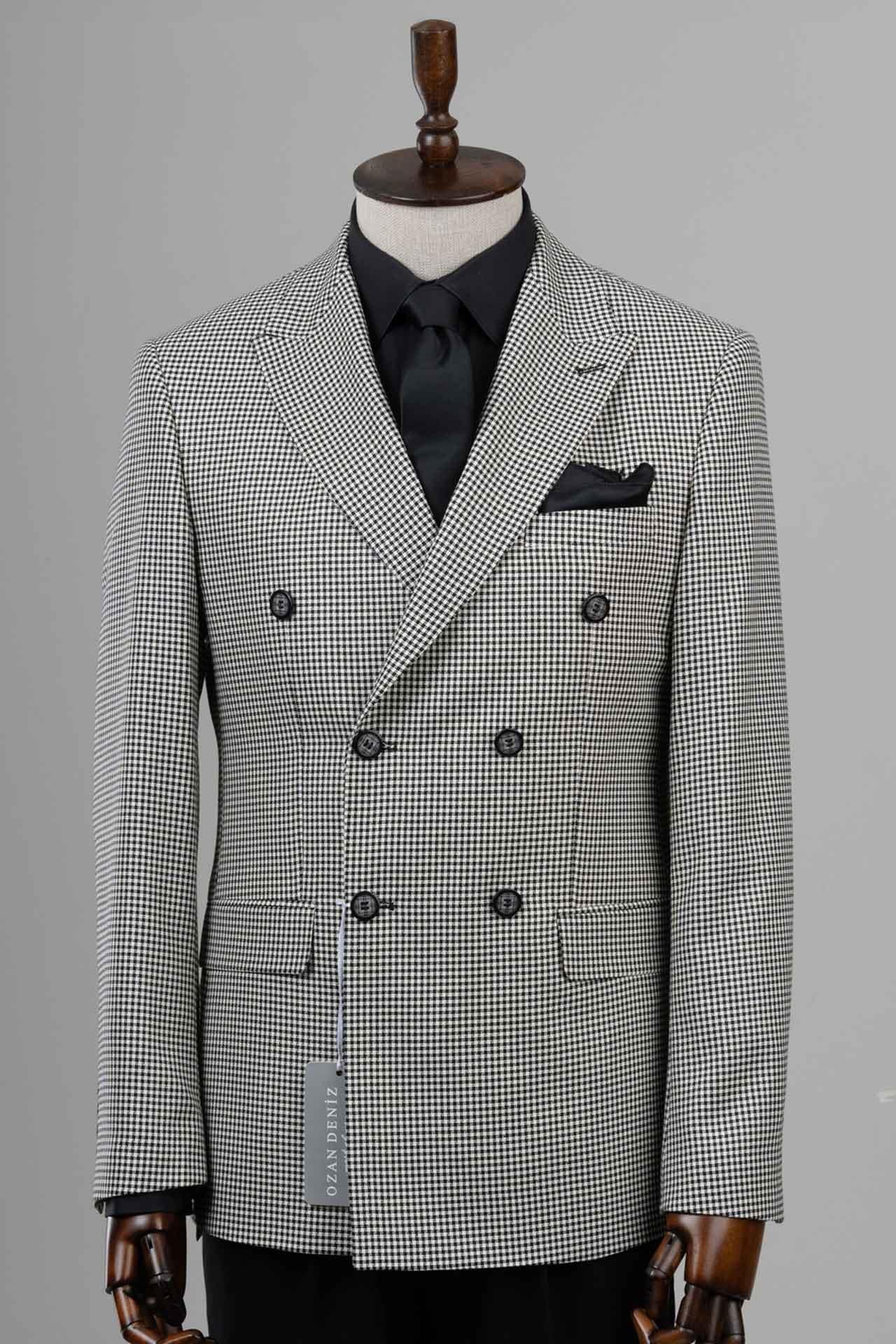 Slim Fit Piti Kare Desenli Siyah Kruvaze Ceket