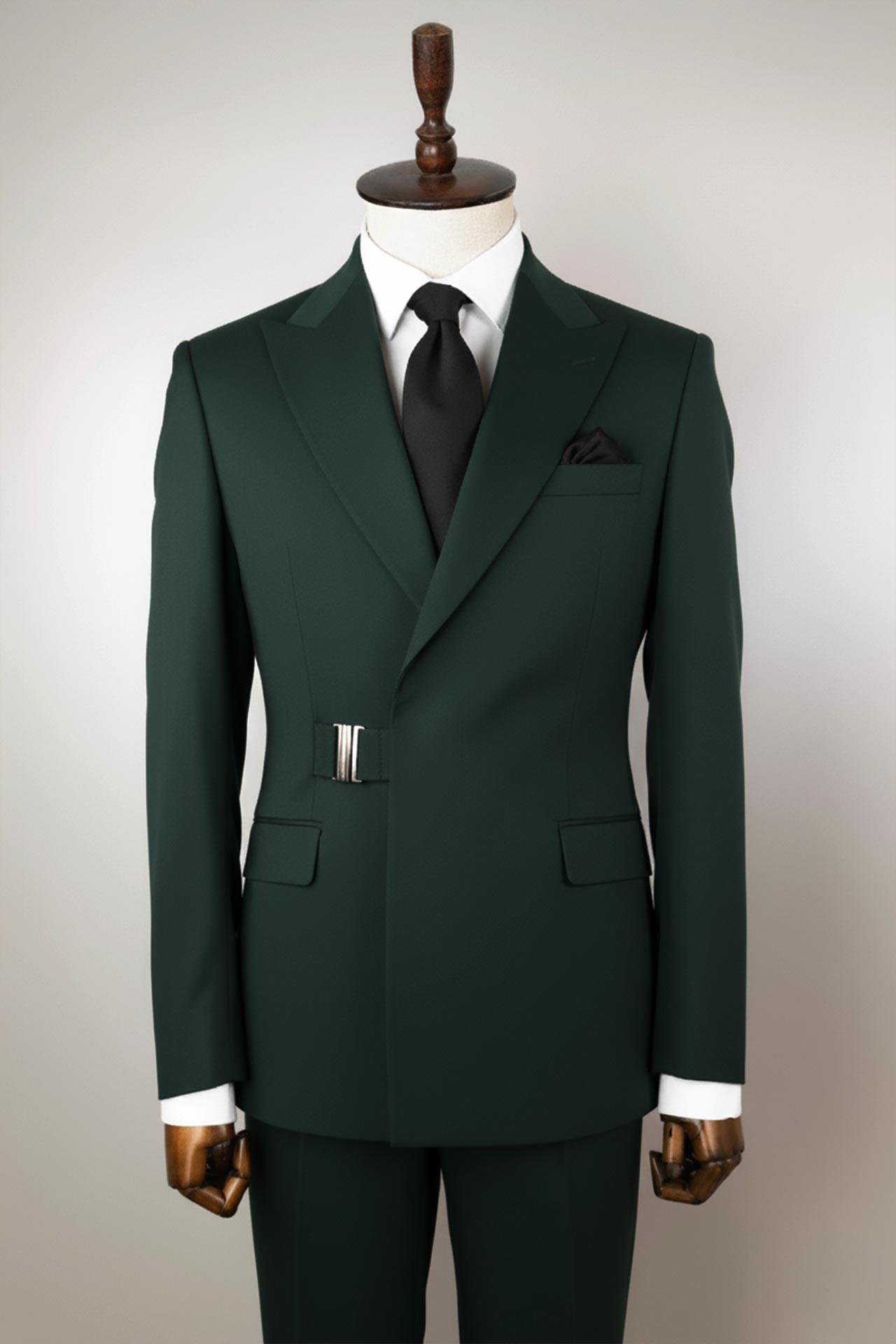 Tokalı Kruvaze Koyu Yeşil Takım Elbise