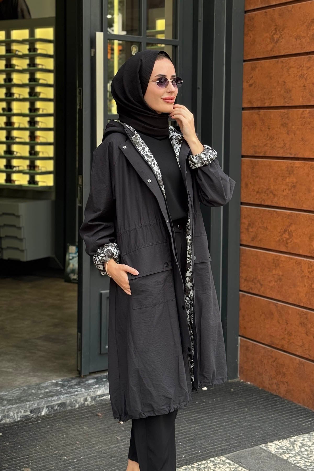 beiaz Nora Büzgülü Trençkot SK27-1001 Siyah