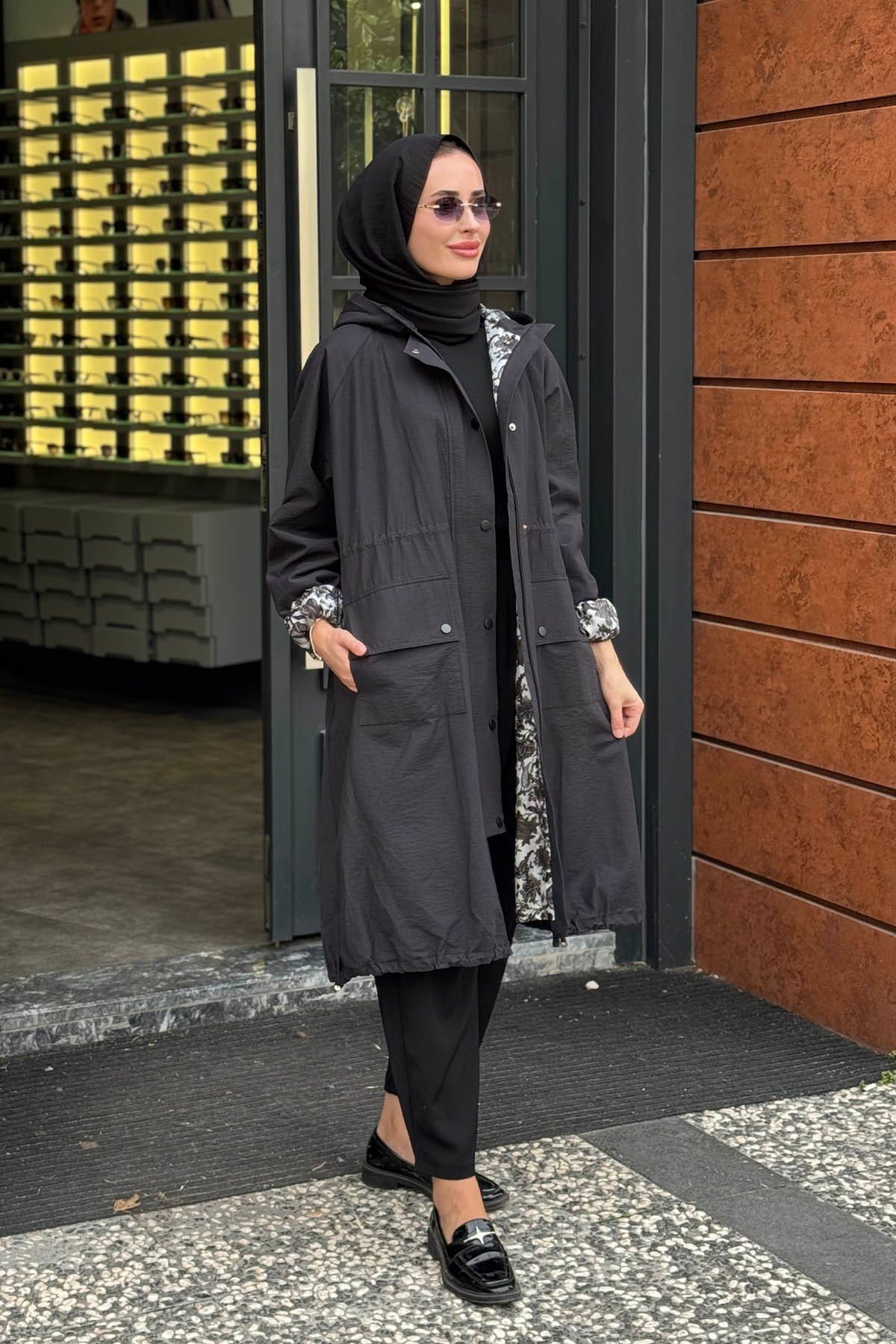 beiaz Nora Büzgülü Trençkot SK27-1001 Siyah
