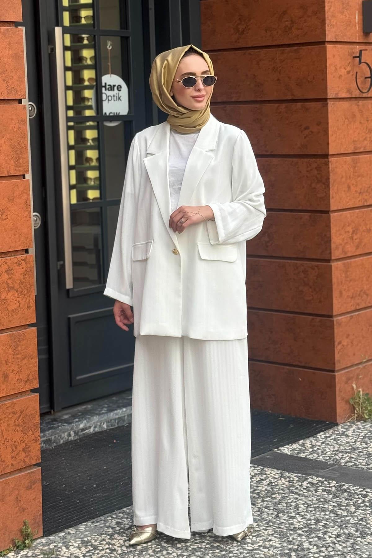 ceremony Oversize Pantolonlu Takım S-59147 Beyaz