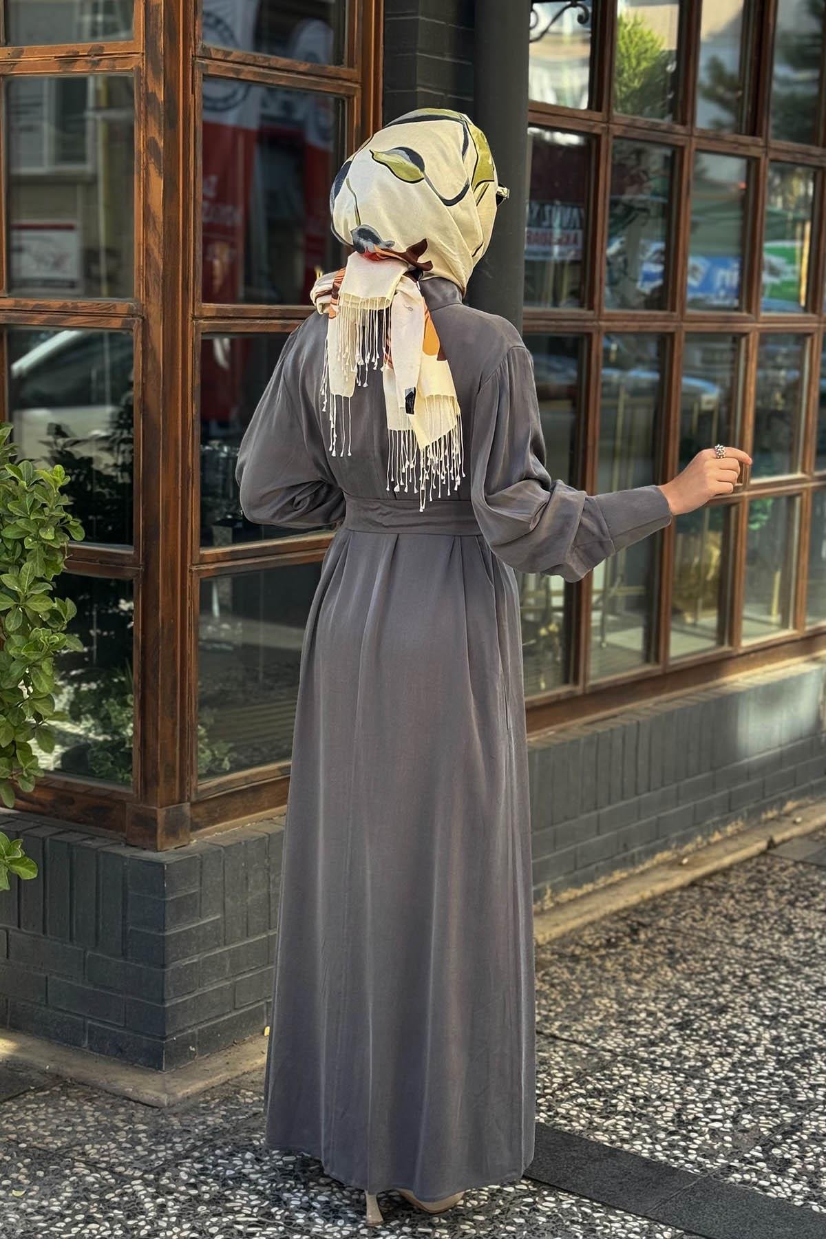 CLANDE Yaka Aksesuarlı İpek Cupro Elbise 2502-5011 Antrasit