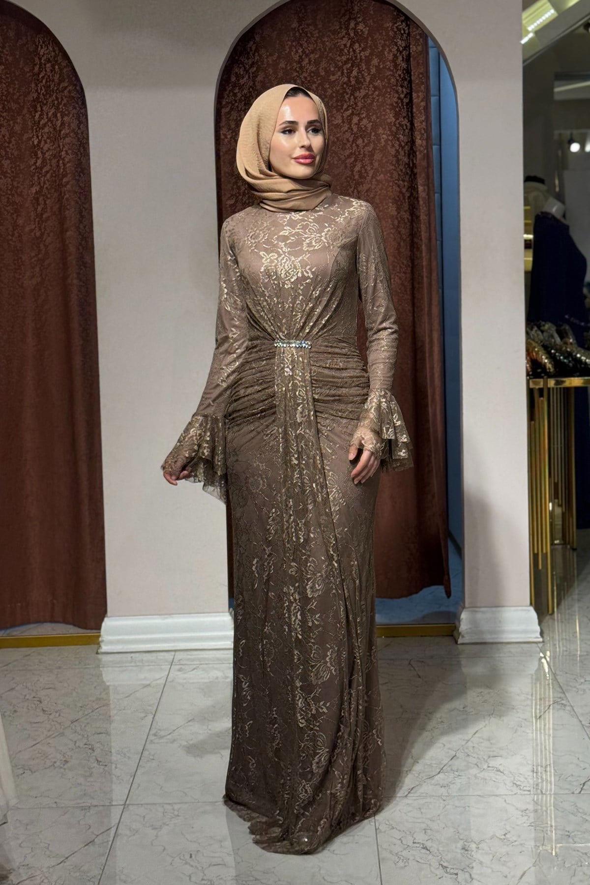 FASHION NIGHT Dantel  Abiye 7050 Sütlü Kahve