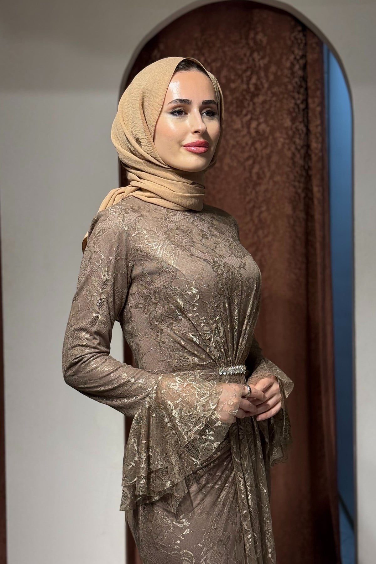 FASHION NIGHT Dantel  Abiye 7050 Sütlü Kahve