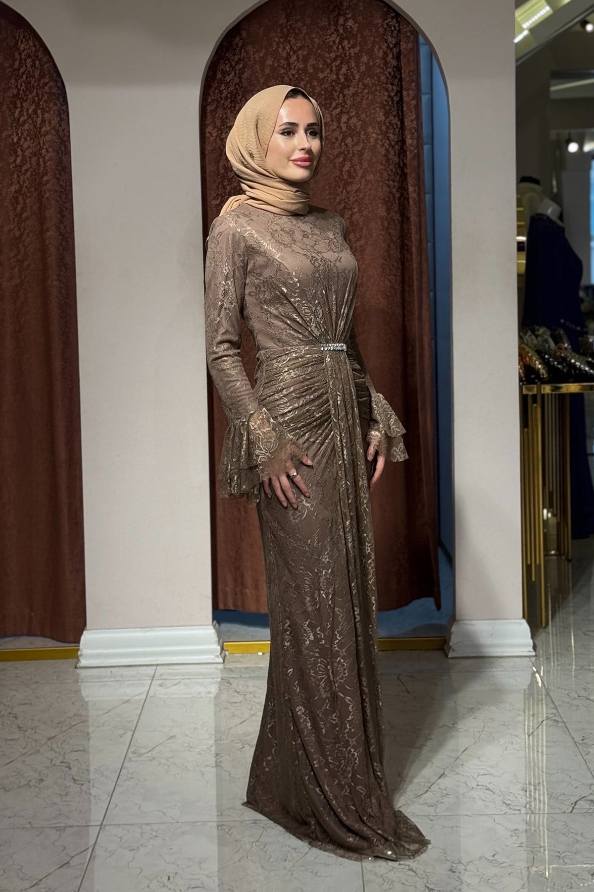 FASHION NIGHT Dantel  Abiye 7050 Sütlü Kahve