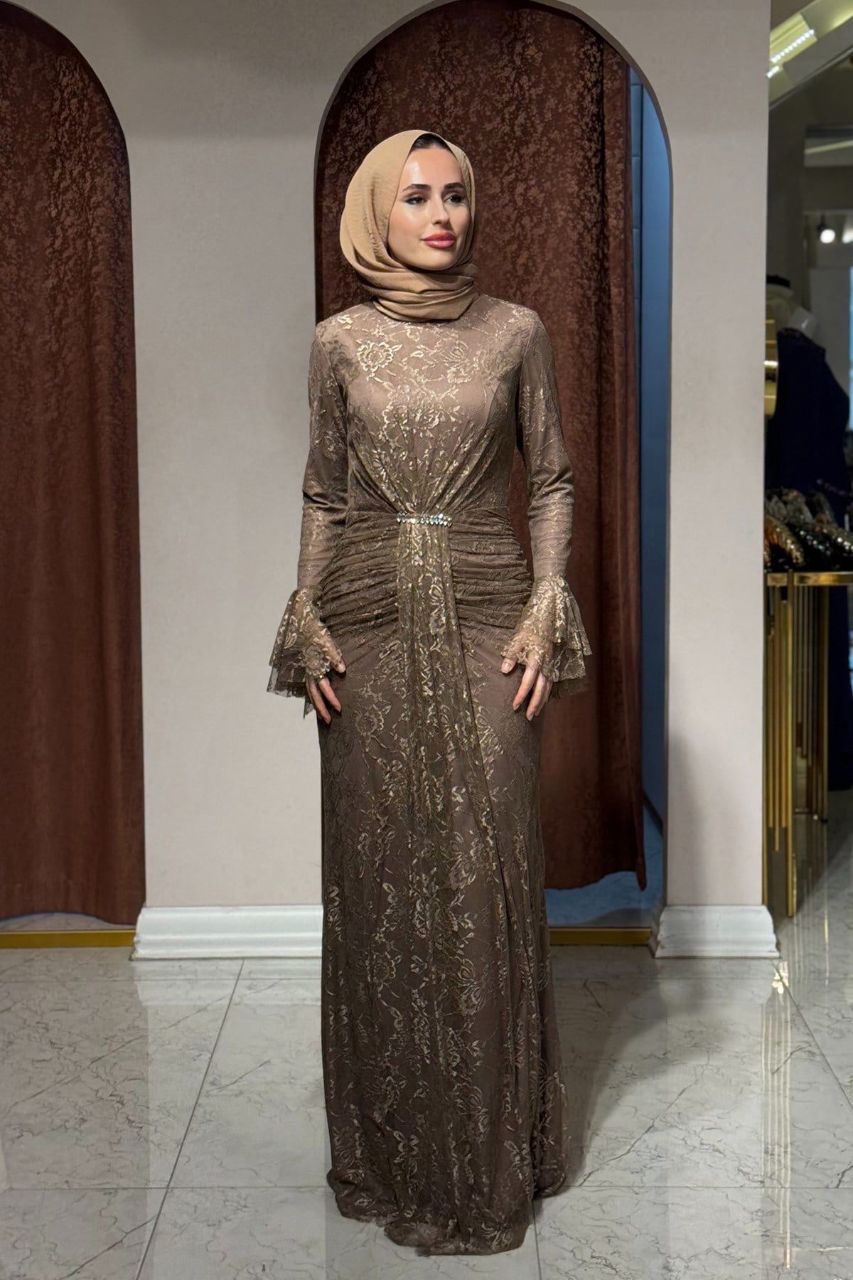 FASHION NIGHT Dantel  Abiye 7050 Sütlü Kahve
