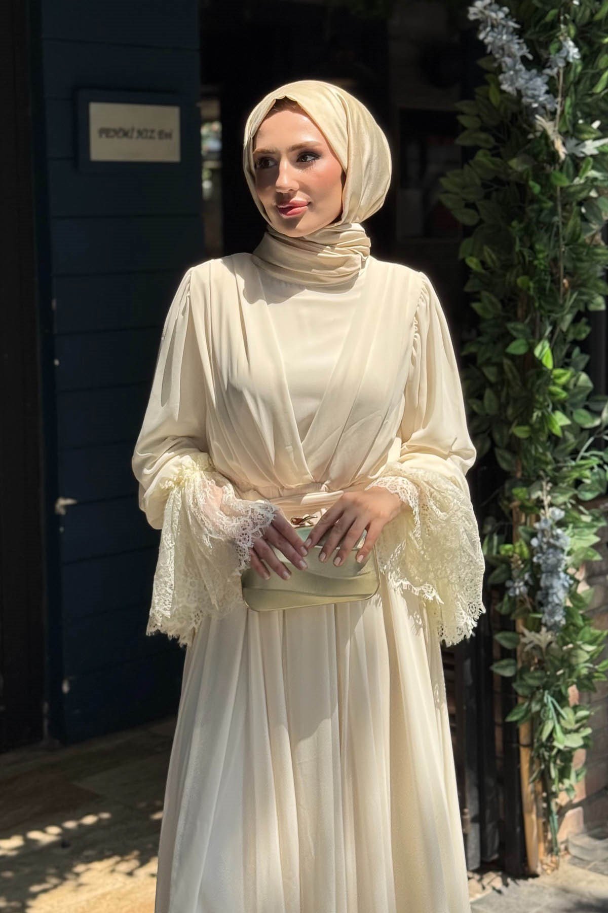 Green JADE Şifon Dantel Abiye 5027 Ekru