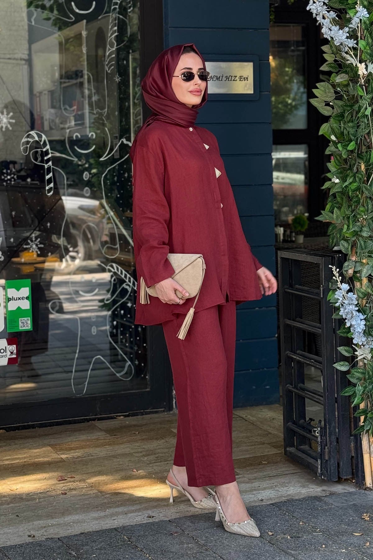 İNVEE Keten Pantolonlu Takım 7145 Bordo