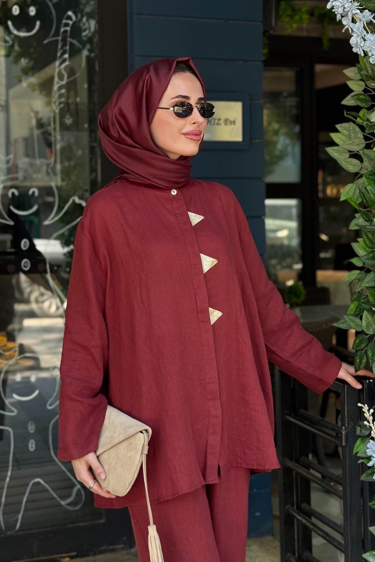 İNVEE Keten Pantolonlu Takım 7145 Bordo