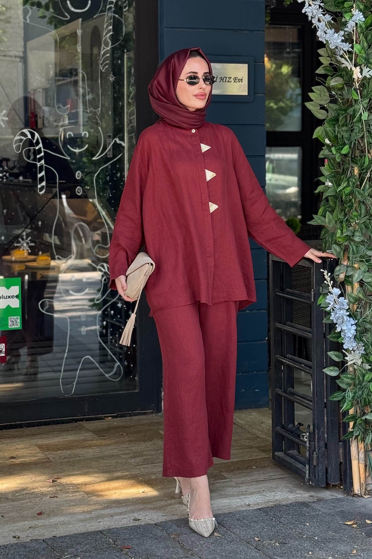 İNVEE Keten Pantolonlu Takım 7145 Bordo