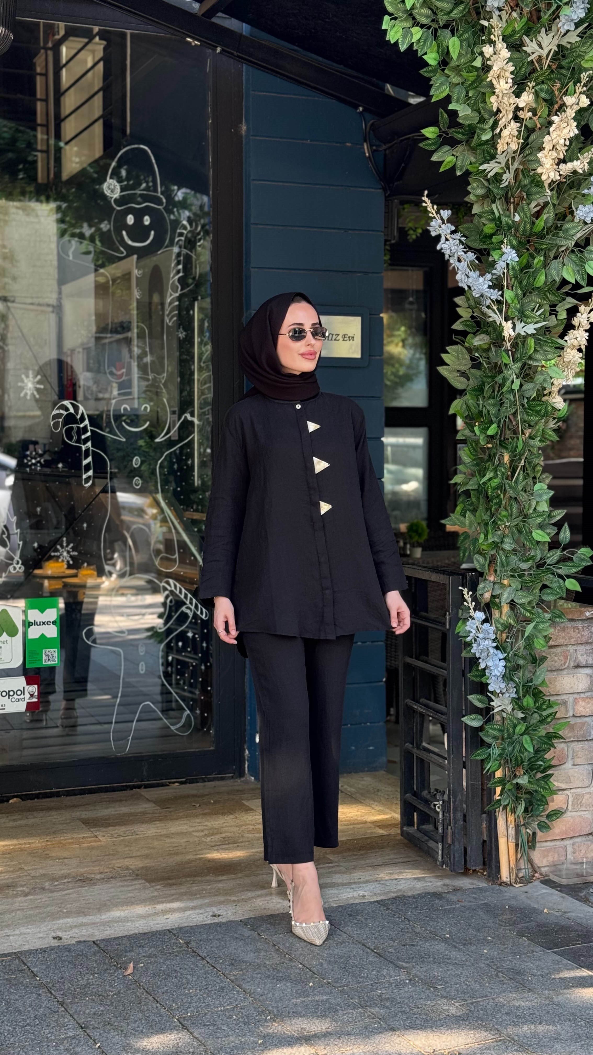 İNVEE Keten Pantolonlu Takım 7145 Siyah