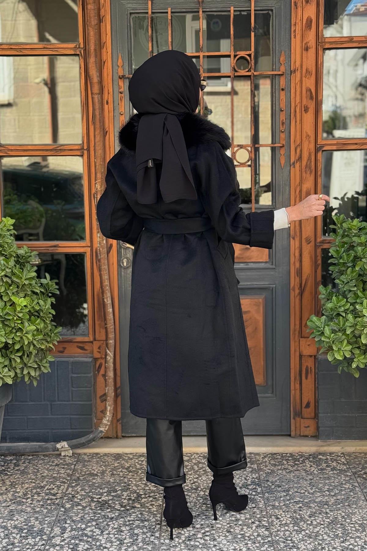 KAYRA Premium Yün Kürklü Kruvaze Düğmeli Kaban KA-A23-17024 Siyah