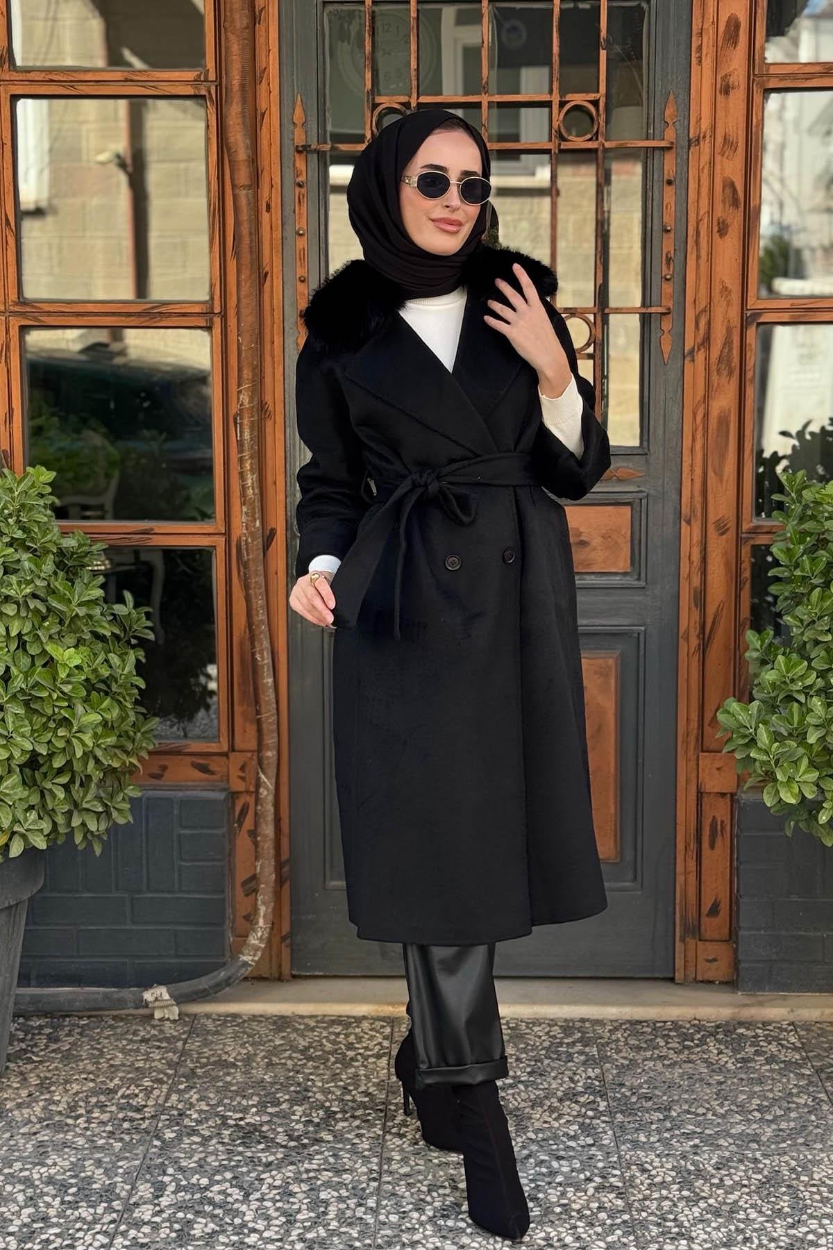 KAYRA Premium Yün Kürklü Kruvaze Düğmeli Kaban KA-A23-17024 Siyah