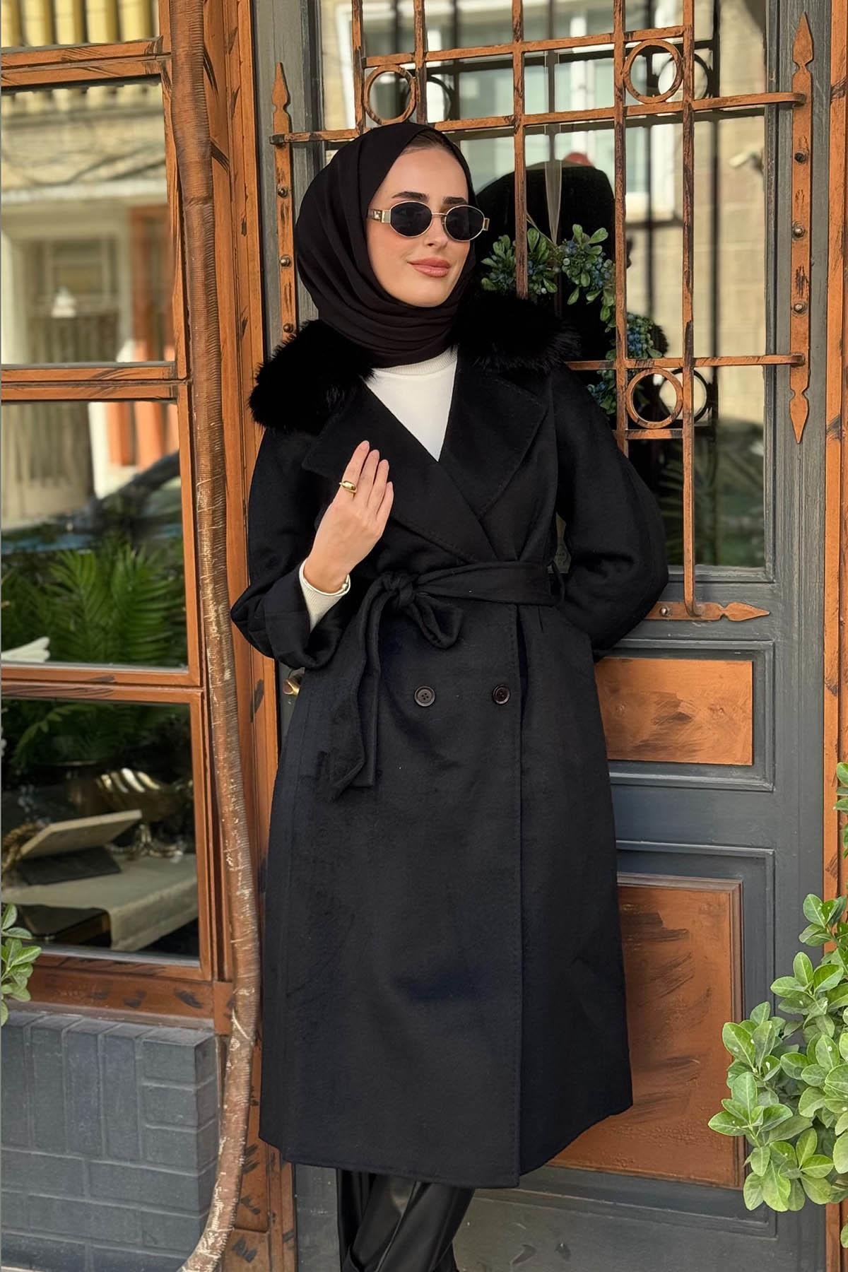 KAYRA Premium Yün Kürklü Kruvaze Düğmeli Kaban KA-A23-17024 Siyah