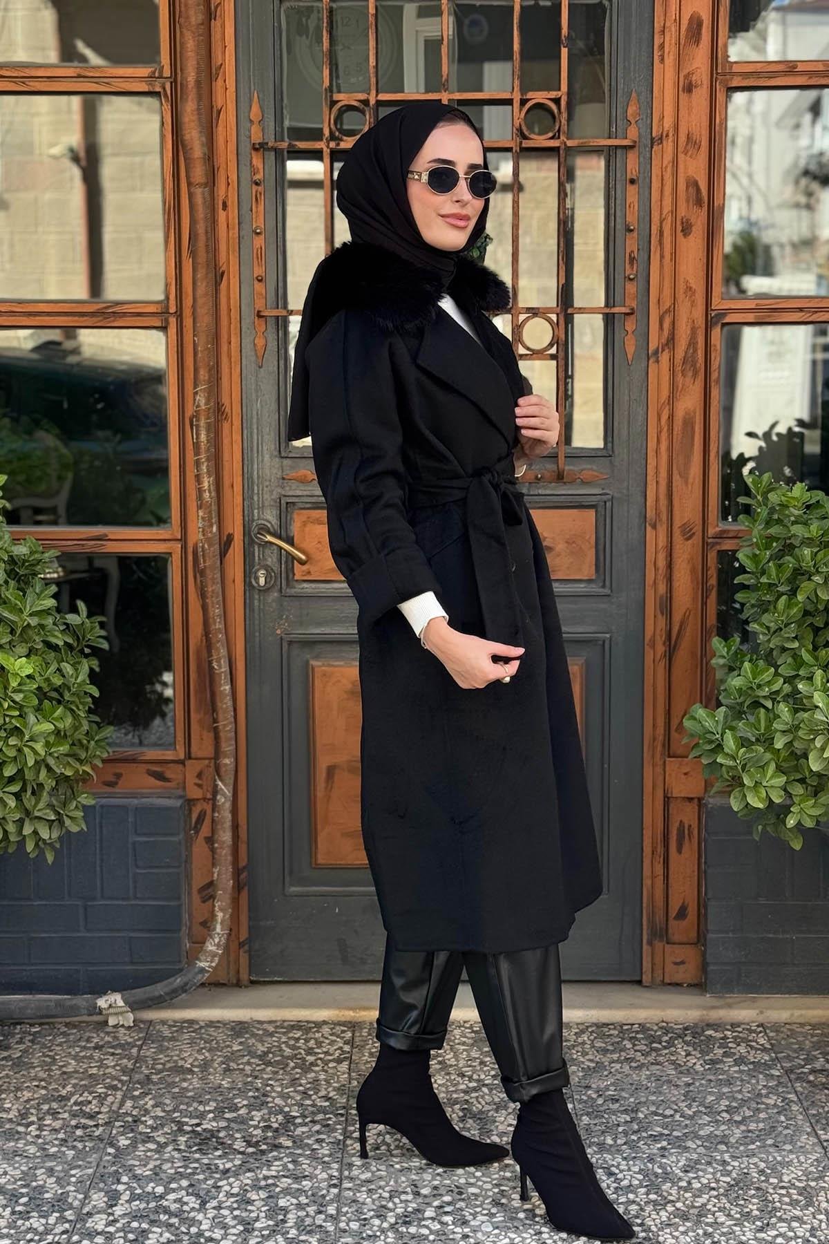 KAYRA Premium Yün Kürklü Kruvaze Düğmeli Kaban KA-A23-17024 Siyah