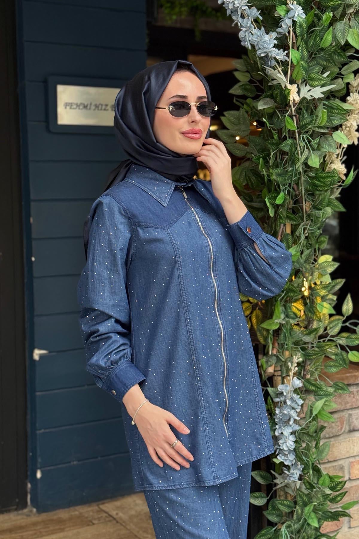 KAYRA Taşlı Pantolonlu Takım KY-B26-76022 Kot Mavi