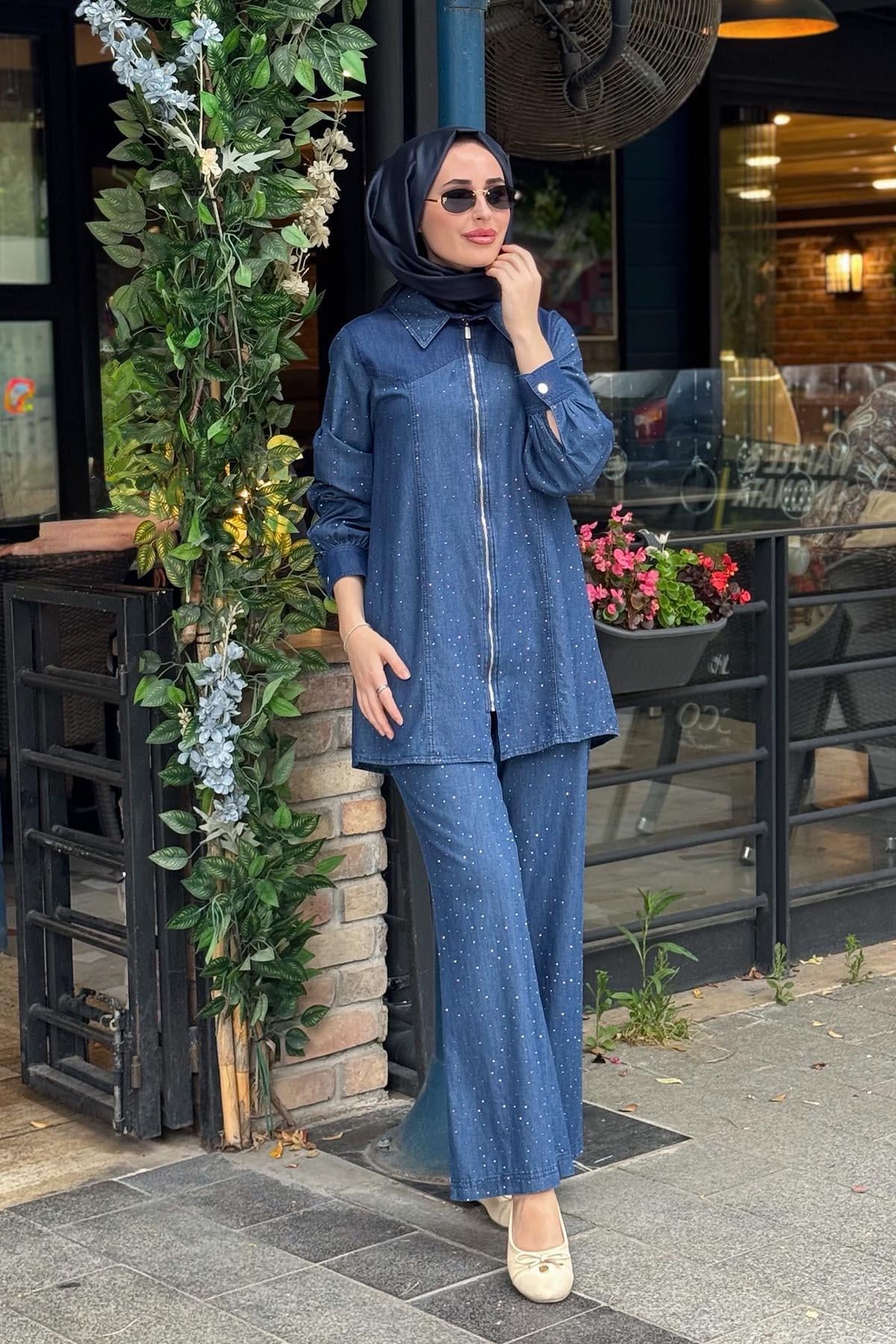 KAYRA Taşlı Pantolonlu Takım KY-B26-76022 Kot Mavi