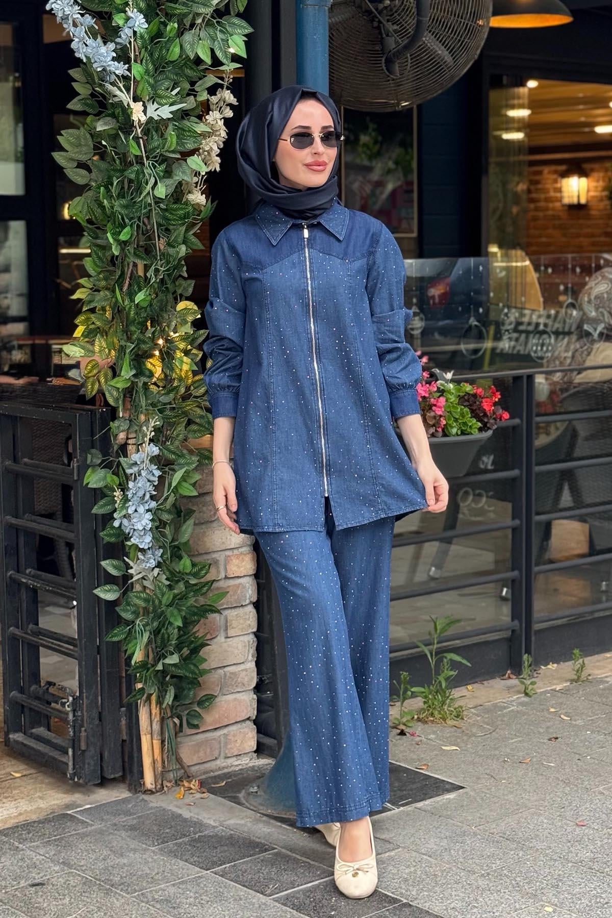 KAYRA Taşlı Pantolonlu Takım KY-B26-76022 Kot Mavi