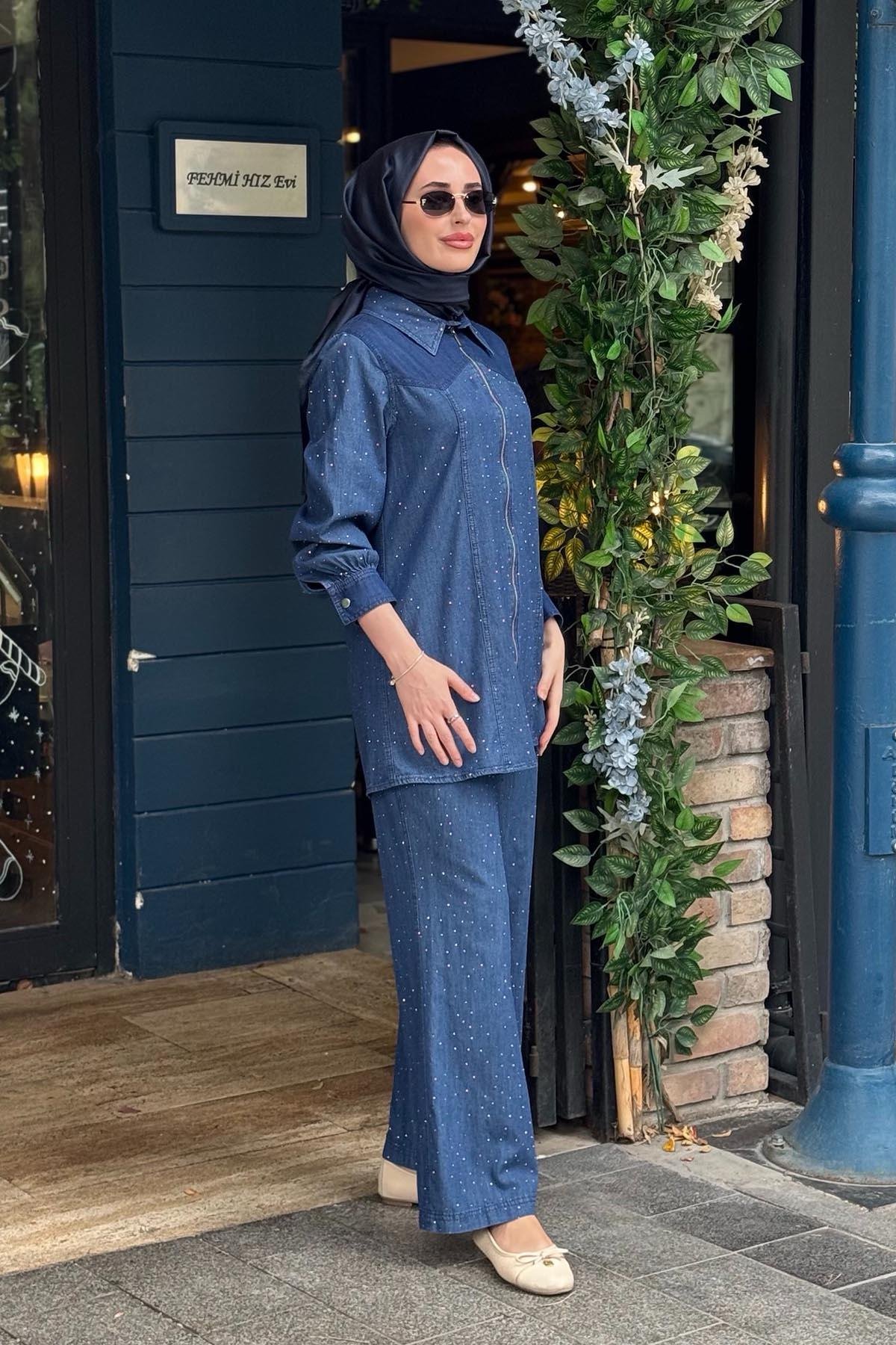 KAYRA Taşlı Pantolonlu Takım KY-B26-76022 Kot Mavi