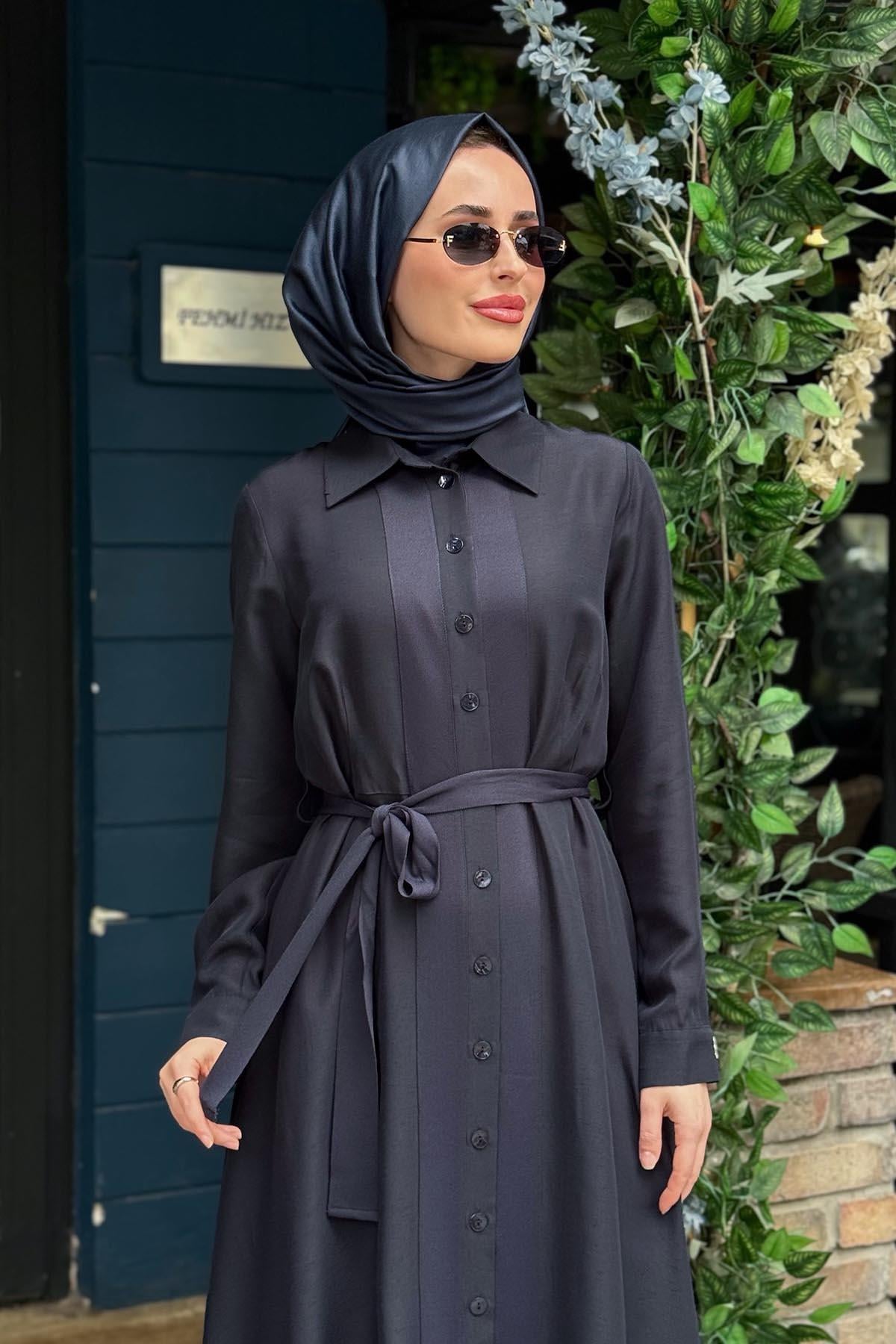 MİSS DALİDA Keten Elbise 2264551 KOYU LACİVERT