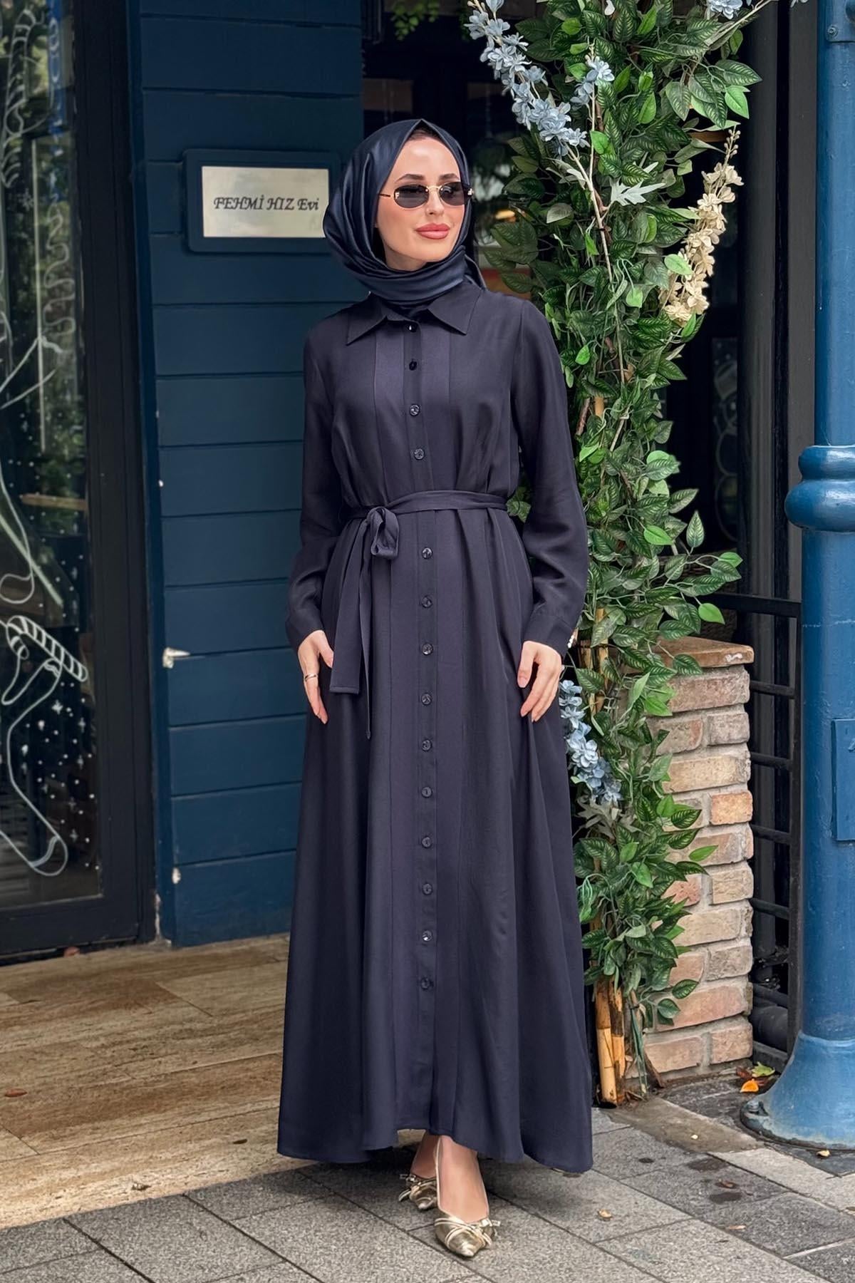 MİSS DALİDA Keten Elbise 2264551 KOYU LACİVERT