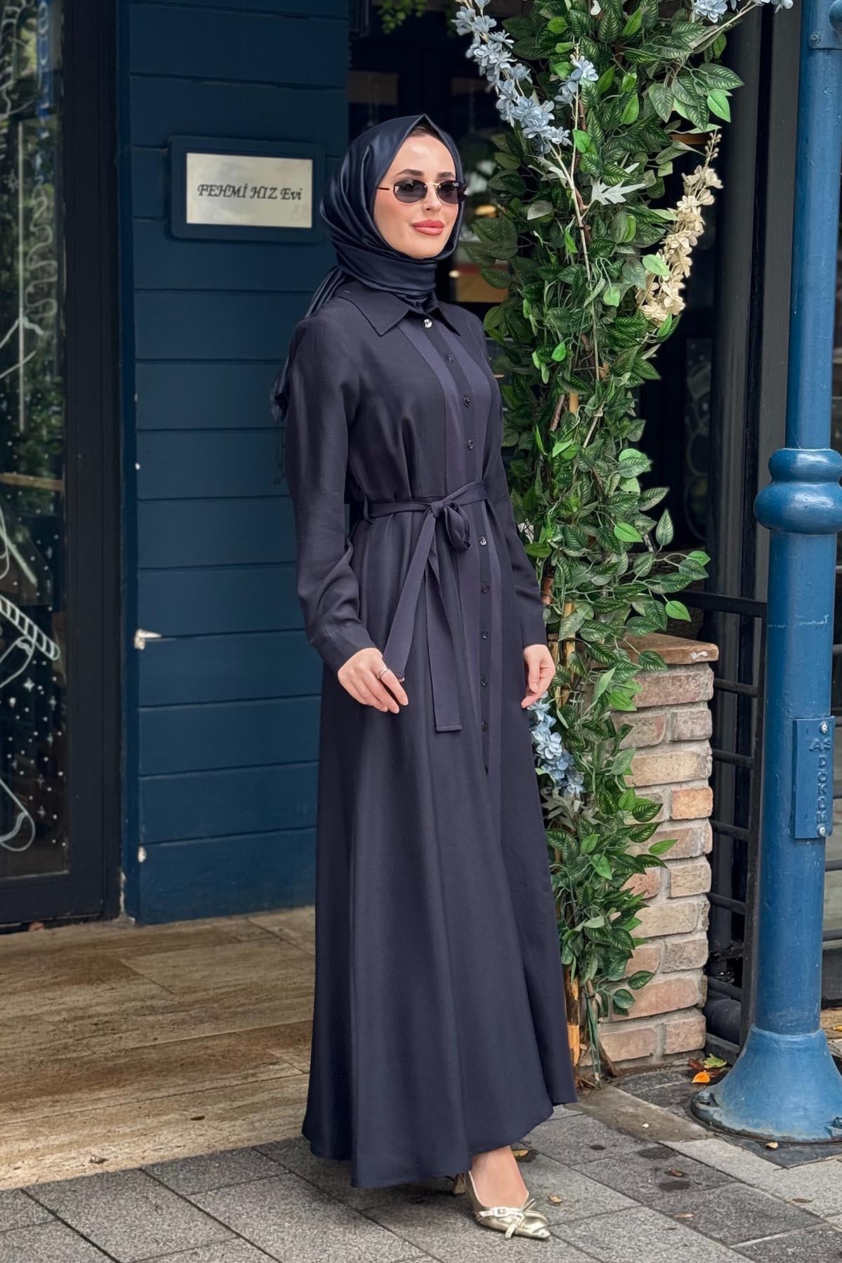 MİSS DALİDA Keten Elbise 2264551 KOYU LACİVERT