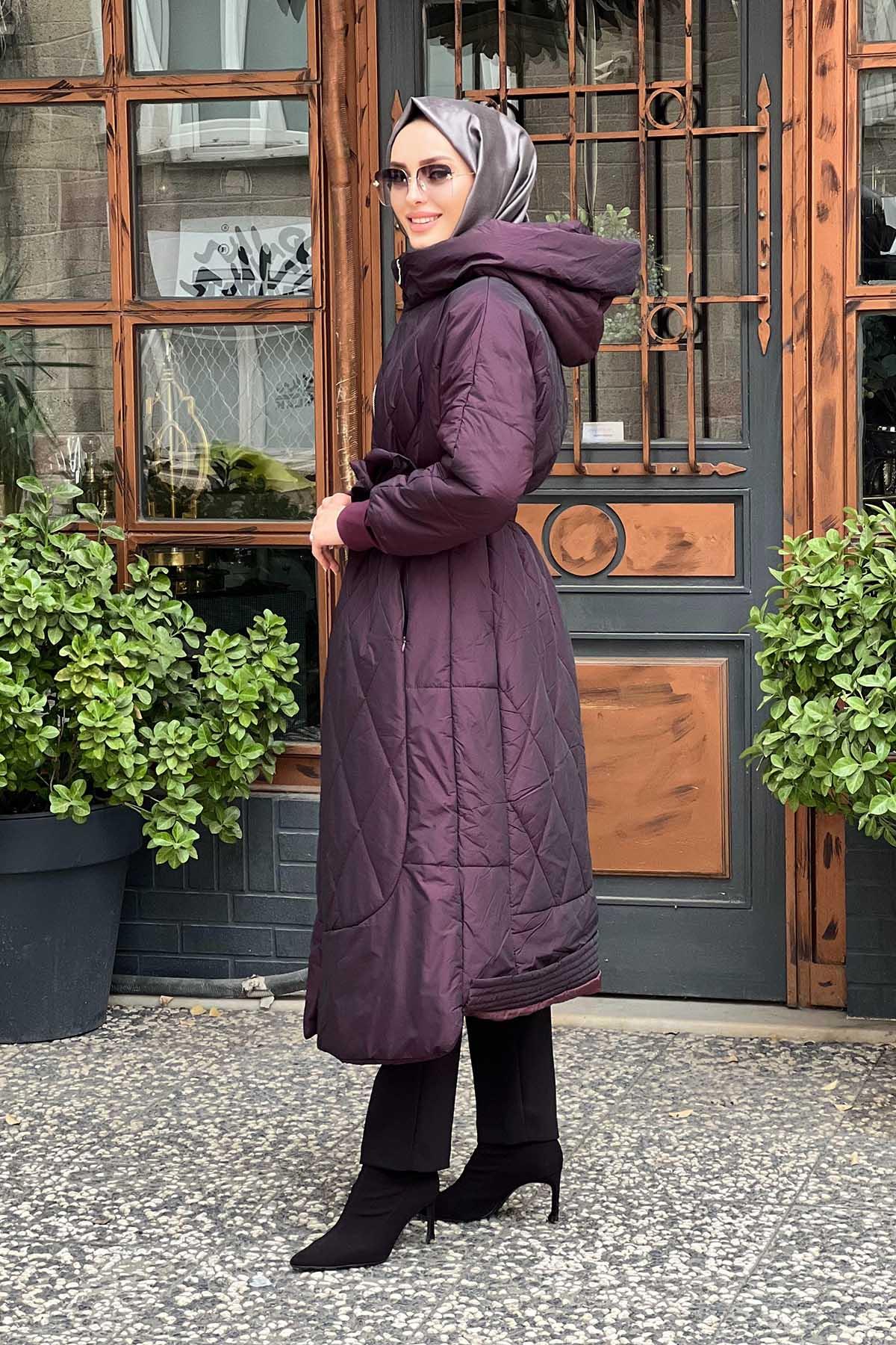 MissWhence 36533 Kapüşonlu Şişme Pardesü Mürdüm