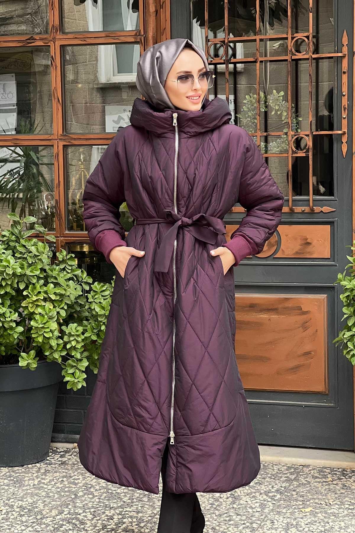 MissWhence 36533 Kapüşonlu Şişme Pardesü Mürdüm