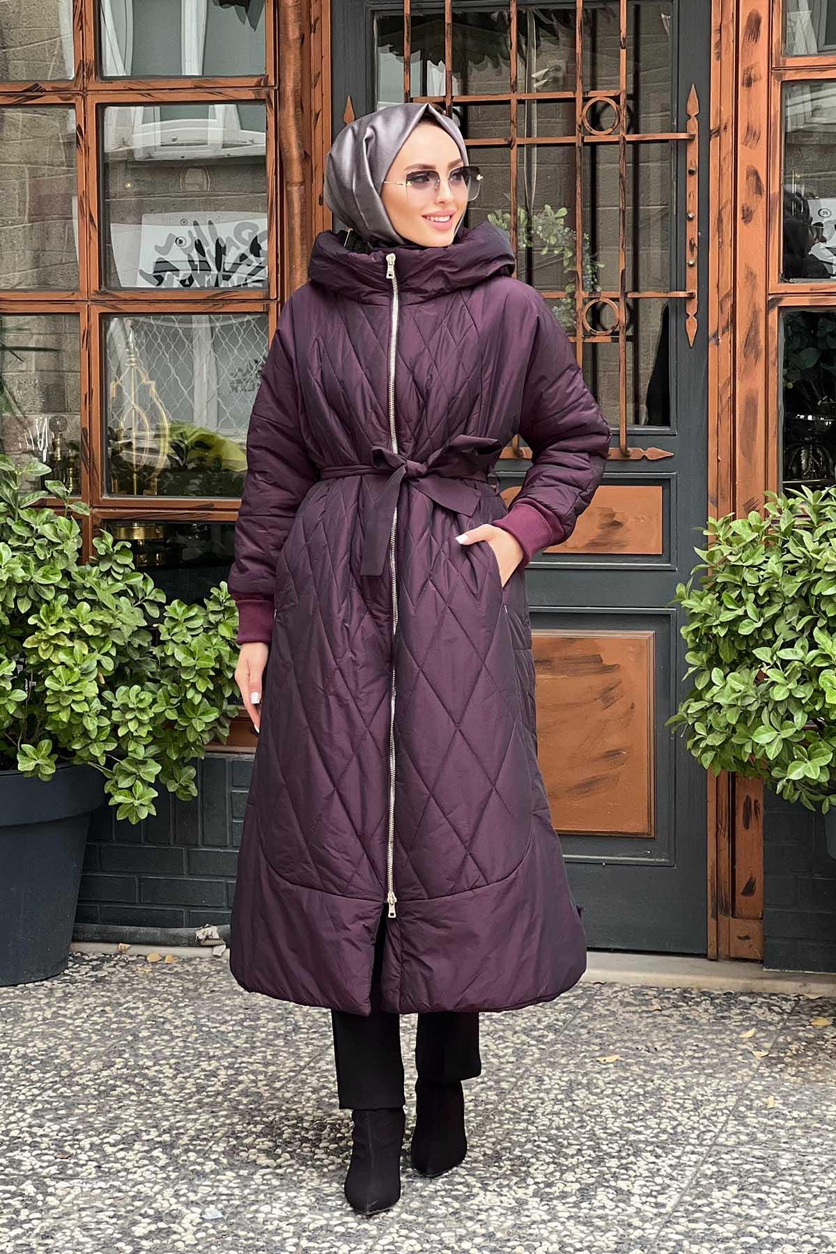MissWhence 36533 Kapüşonlu Şişme Pardesü Mürdüm