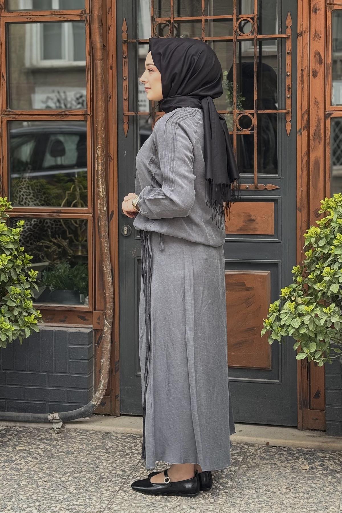 MissWhence Keten Etekli Takım 37009 Gri