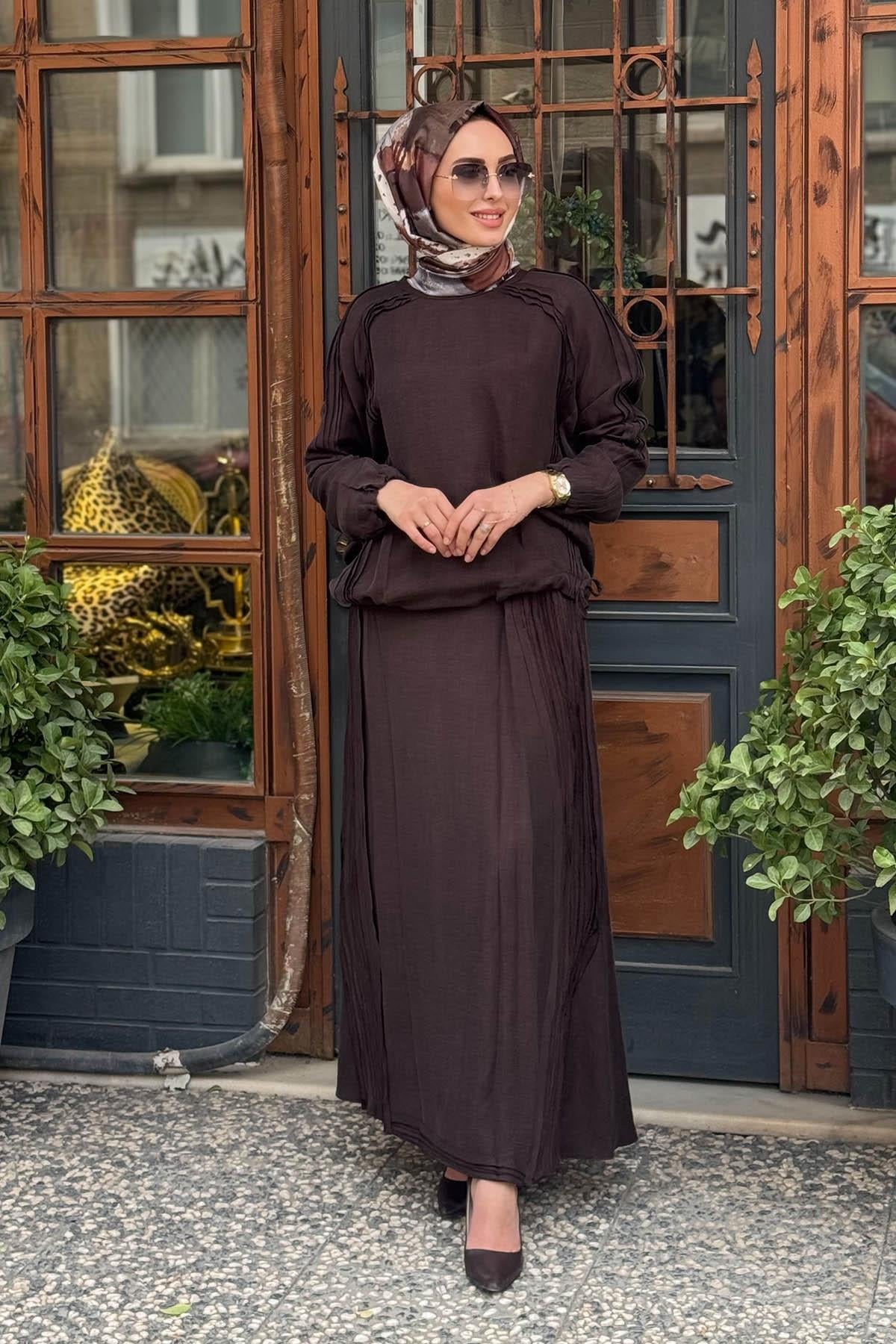 MissWhence Keten Etekli Takım 37009 Kahverengi