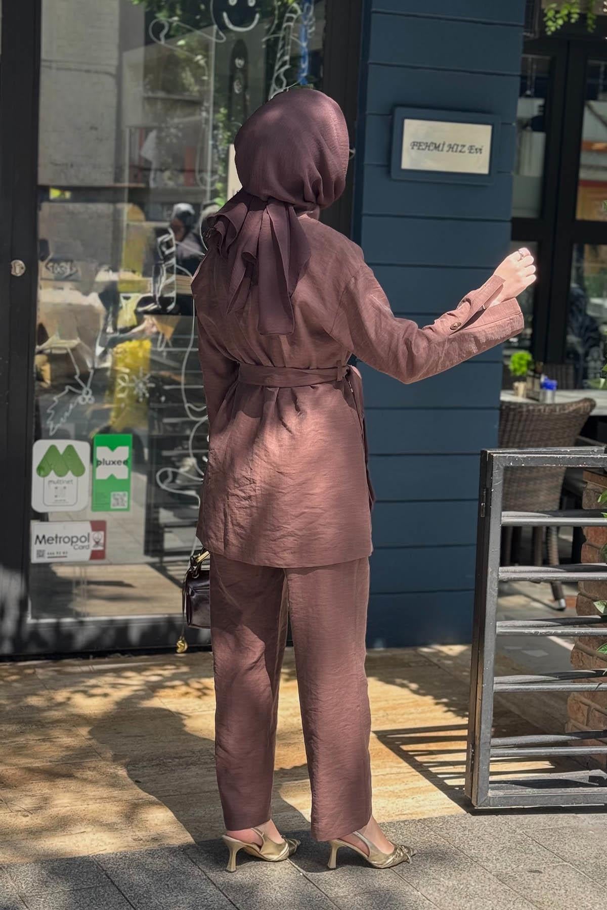 Moodbasic Bambu Keten Pantolonlu Takım MB24.710 Çikolata