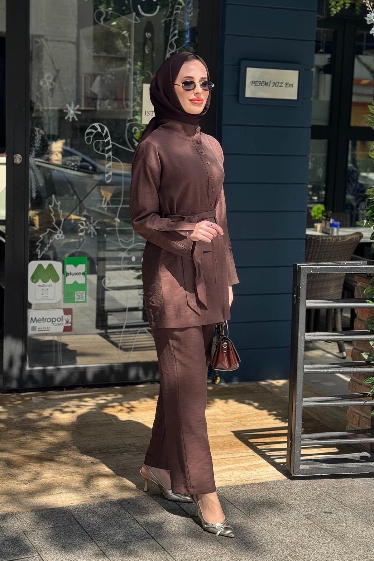 Moodbasic Bambu Keten Pantolonlu Takım MB24.710 Çikolata